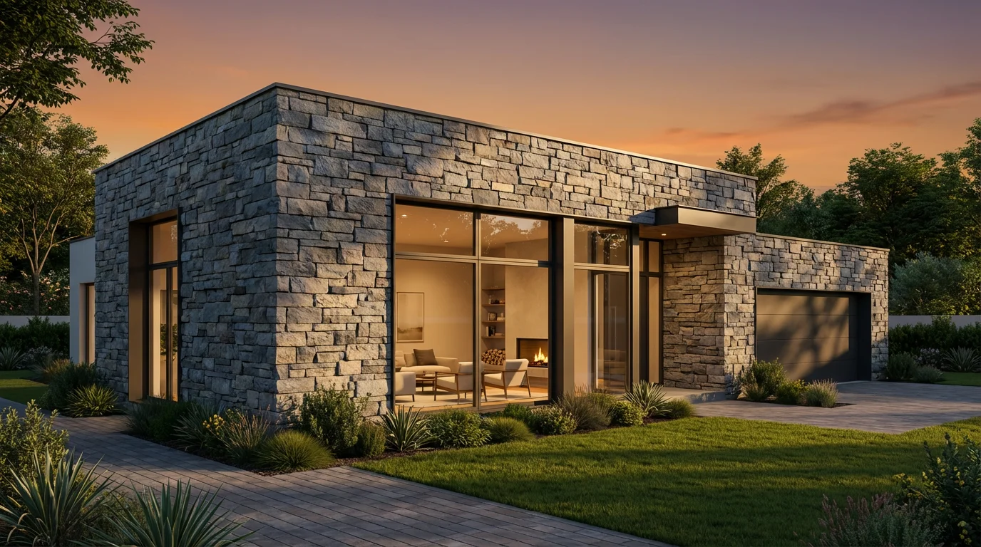 A photorealistic rendering of a modern house featuring a detailed, textured facade made of cool-toned slate and quartzite stacked stone, as seen in the late afternoon sun.