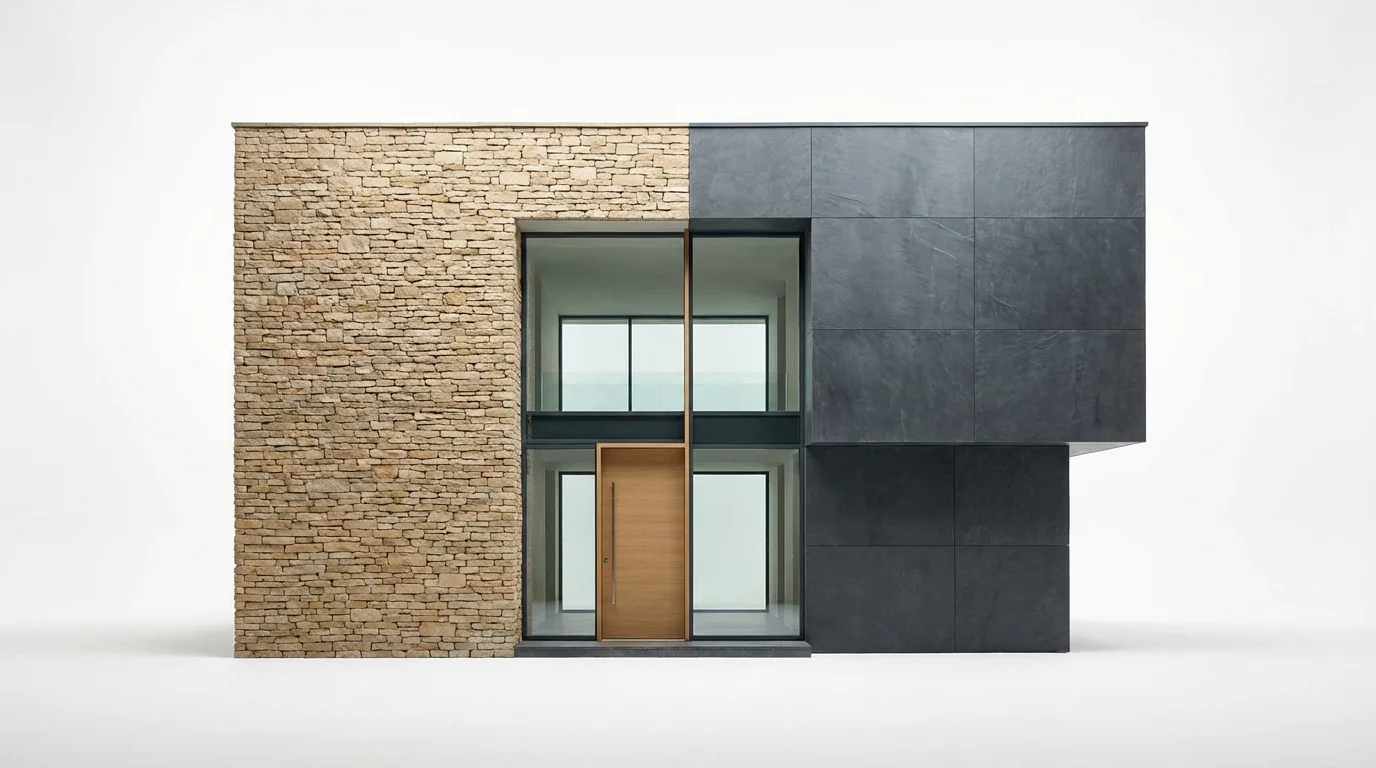 A modern house with its stone facade split in two styles for comparison: rustic beige ledgestone on the left and sleek dark grey slate on the right, set against a plain white background.
