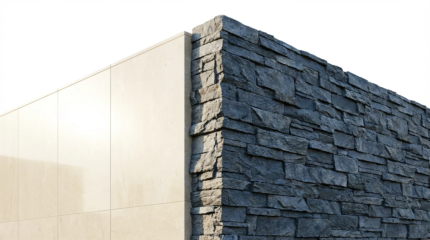Architectural mockup of a modern house corner showing a side-by-side comparison of two stone facade styles: one with smooth, light limestone and one with textured, dark stacked stone, on a white background.