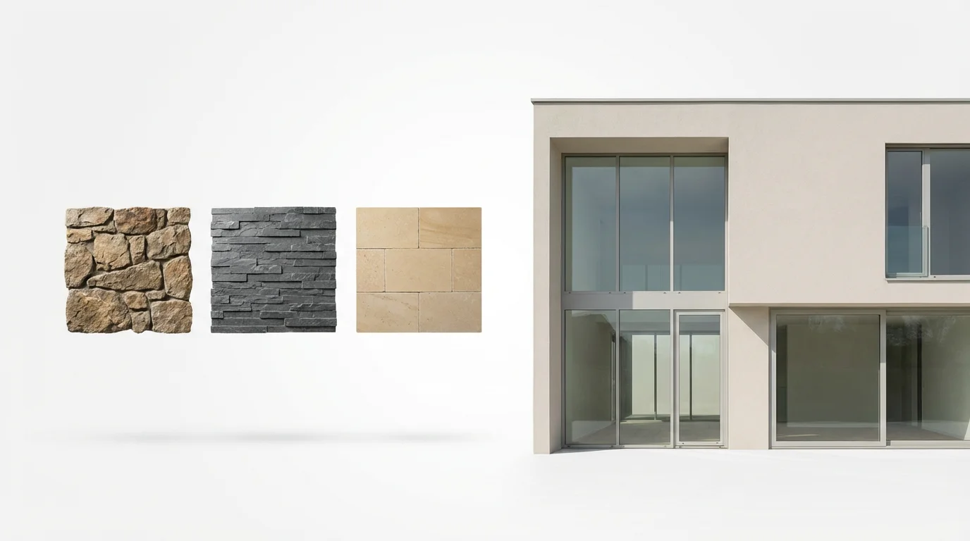 A modern house facade shown next to three floating square samples of different stone textures, fieldstone, slate, and limestone, illustrating options for a stone facade visualizer.