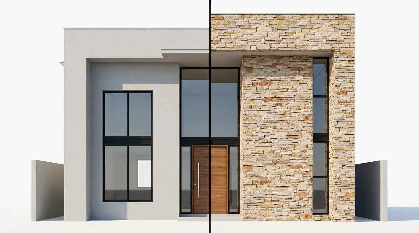 An architectural visualization of a modern house facade, split in two to show a before-and-after of a stone veneer application. One side is plain stucco, the other is a beautiful stacked stone.