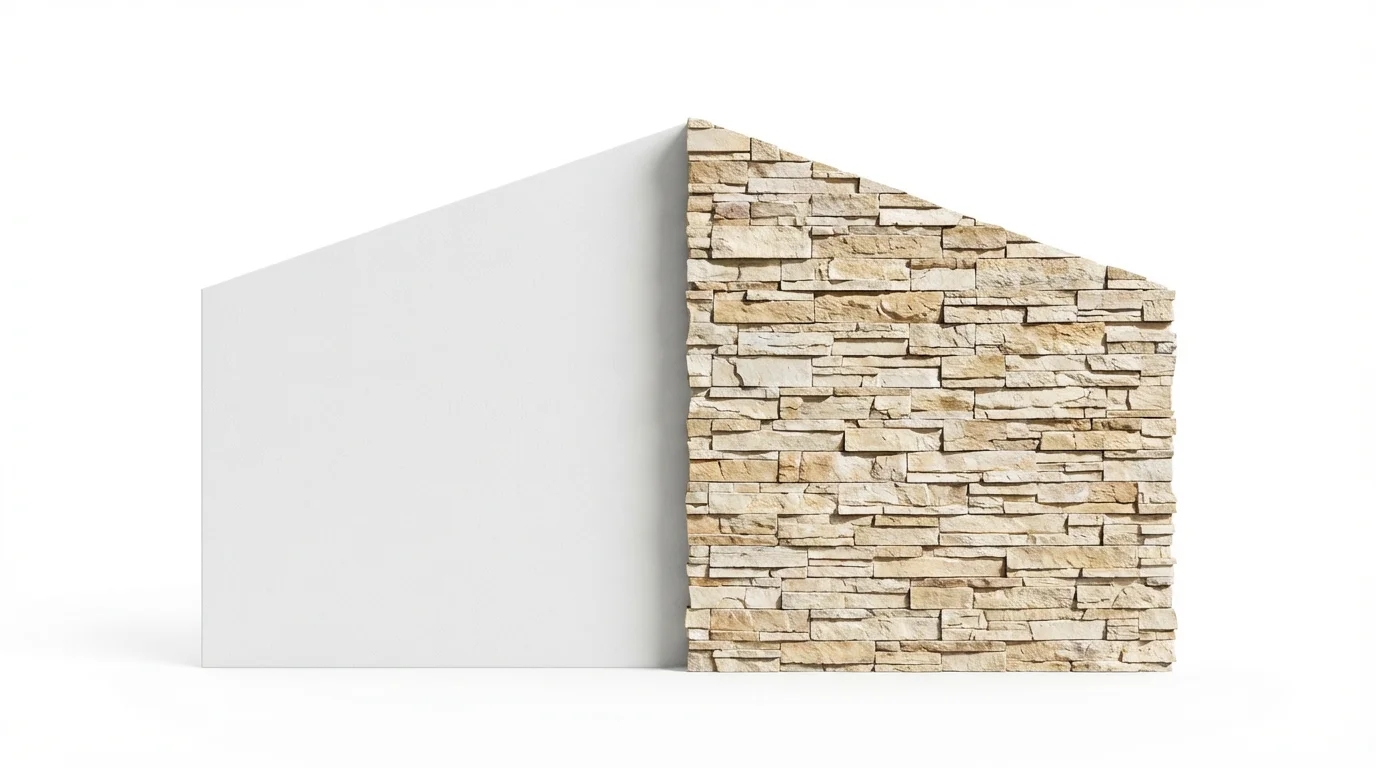 A side-by-side comparison of a modern house facade, with the left half made of plain white stucco and the right half transformed with a beautiful, textured stone veneer, against a white background.