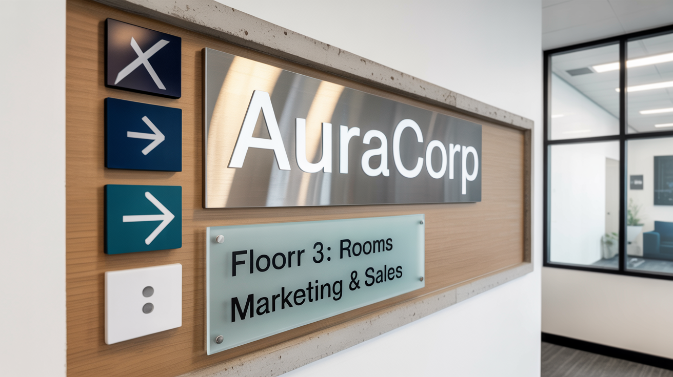 A feature wall in a modern office displaying a collection of professionally designed signage, including a main 'AuraCorp' brand sign, a directional sign for meeting rooms, and a floor directory.