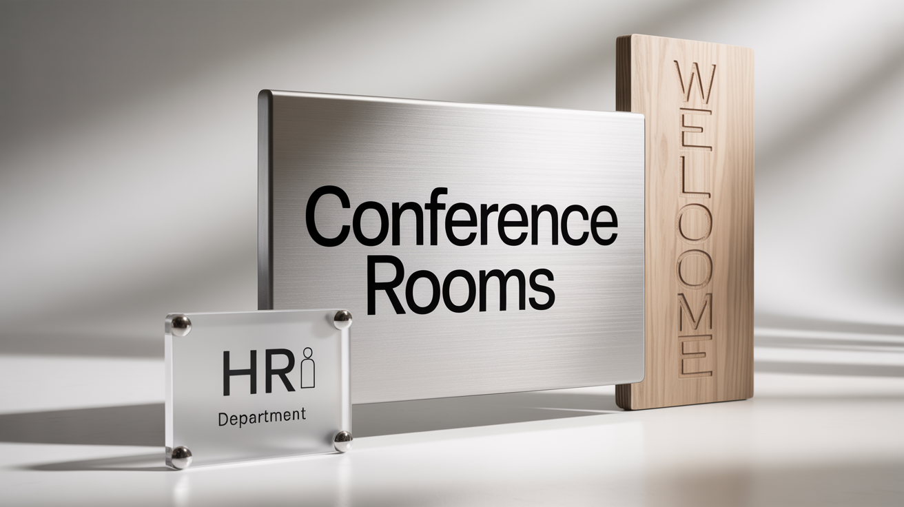 A professional mockup of three modern office signs on a white background: a silver aluminum 'Conference Rooms' sign, a frosted acrylic 'HR Department' sign, and a wooden 'Welcome' sign.