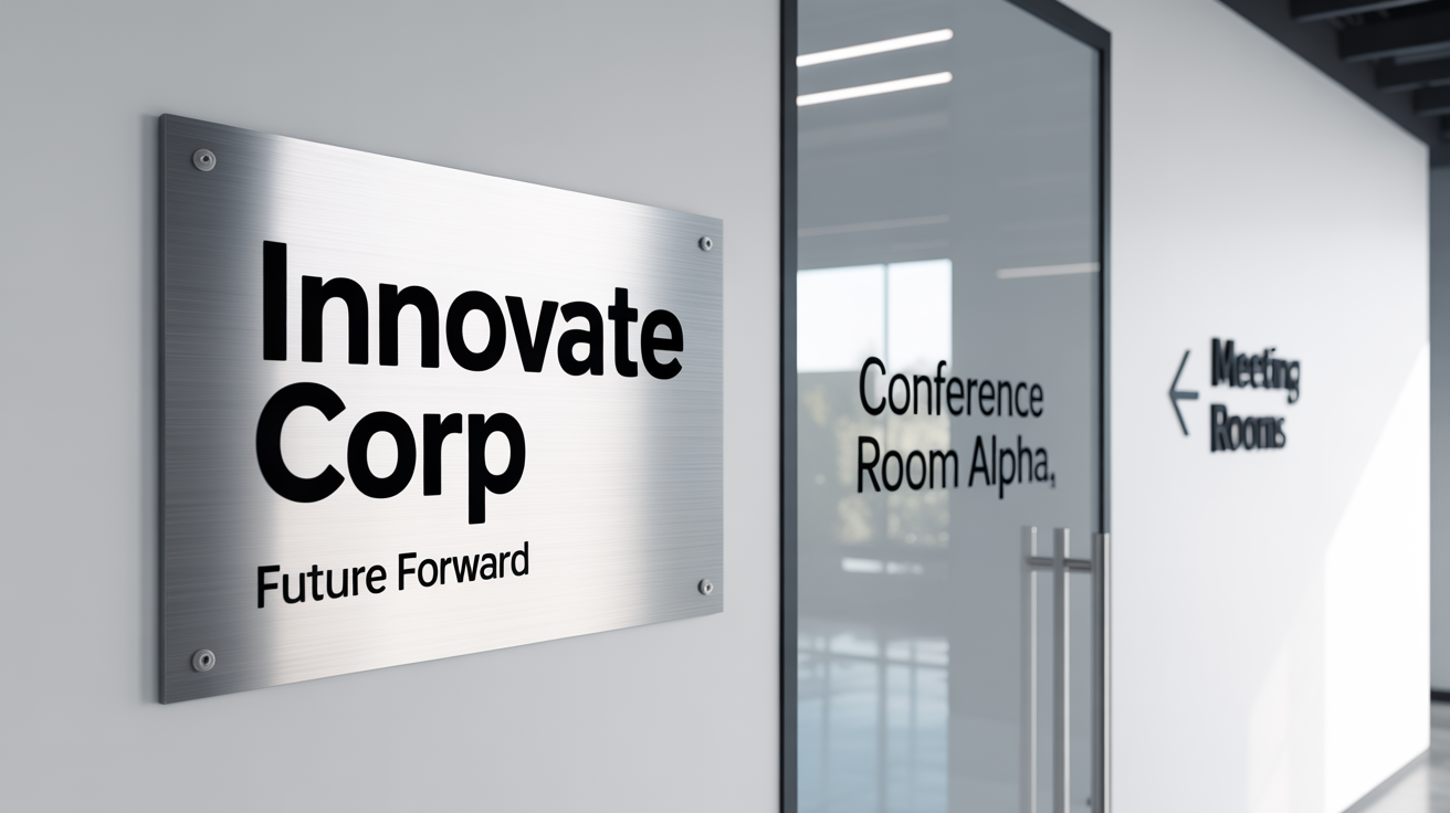 A mockup of modern office signage, featuring a large brushed metal sign for 'Innovate Corp' and smaller glass signs for a conference room and directions.