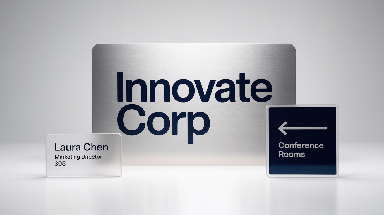 A mockup of modern office signage on a white background, featuring a silver 'Innovate Corp' lobby sign, a 'Laura Chen, Marketing Director' door plate, and a blue 'Conference Rooms' directional sign.