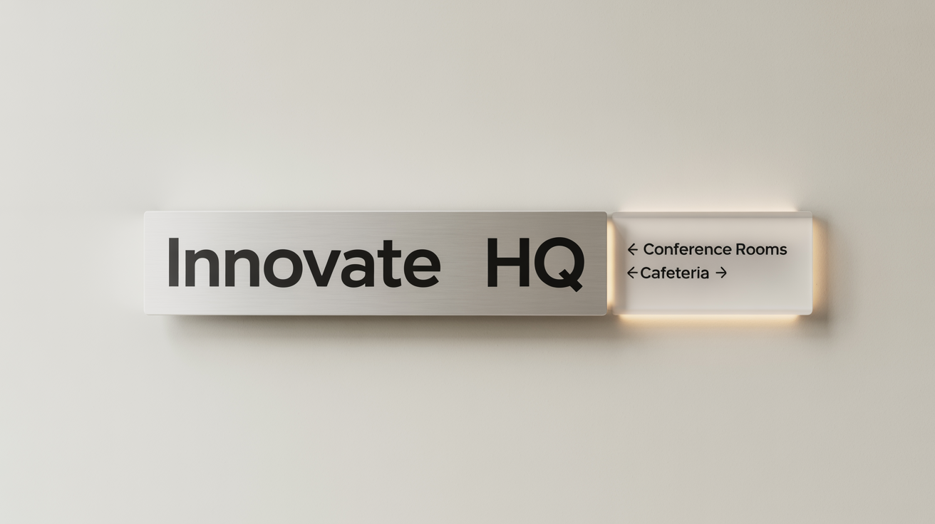 A photorealistic mockup of a modern office signage system featuring a main 'INNOVATE HQ' sign and a smaller directional sign for conference rooms and the cafeteria, set against a clean wall.