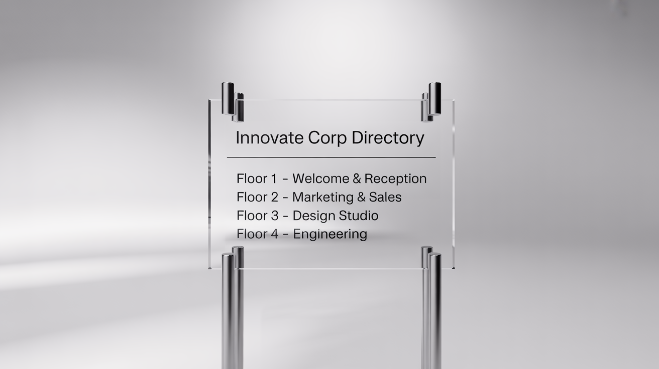 A mockup of a professional office directory sign for 'Innovate Corp' made from clear acrylic, mounted on a white wall, displaying a list of departments by floor.