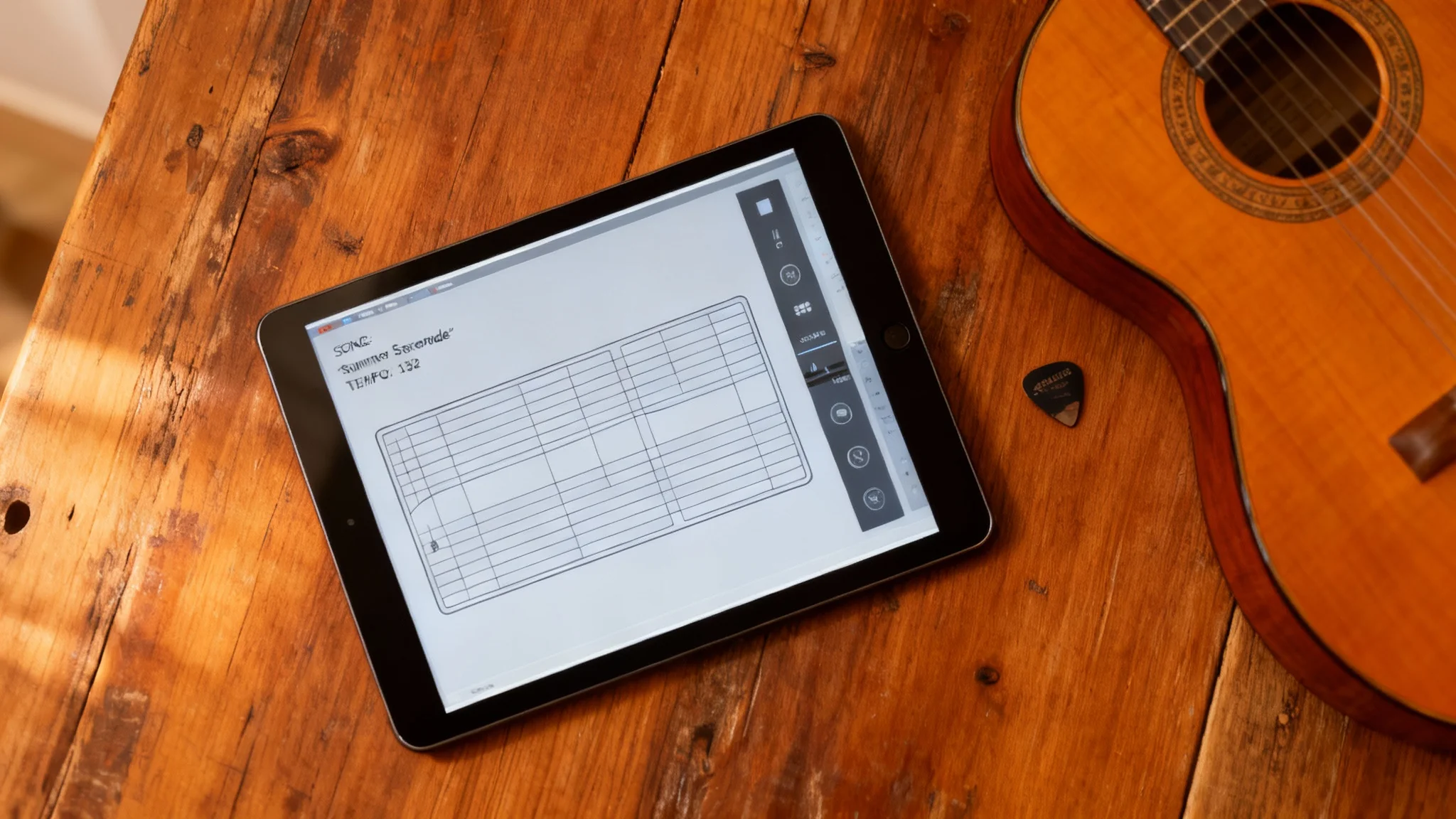 A finished, professionally formatted guitar tab for a song called 'Summer Serenade' displayed on a tablet, which is placed on a wooden table next to an acoustic guitar, showcasing the final output of a tab editor.