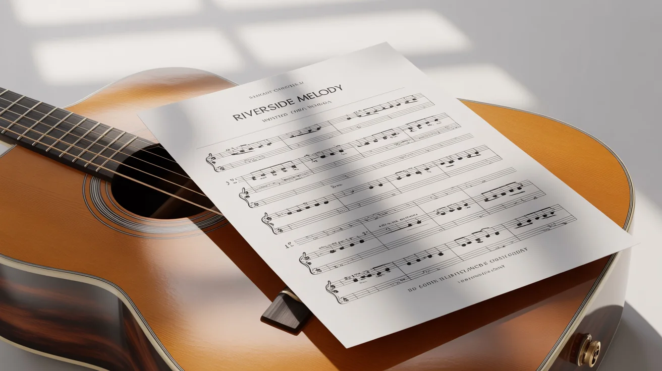A photorealistic mockup of a printed guitar tablature sheet for a song titled 'Riverside Melody' resting on the body of an acoustic guitar, set against a clean white background.