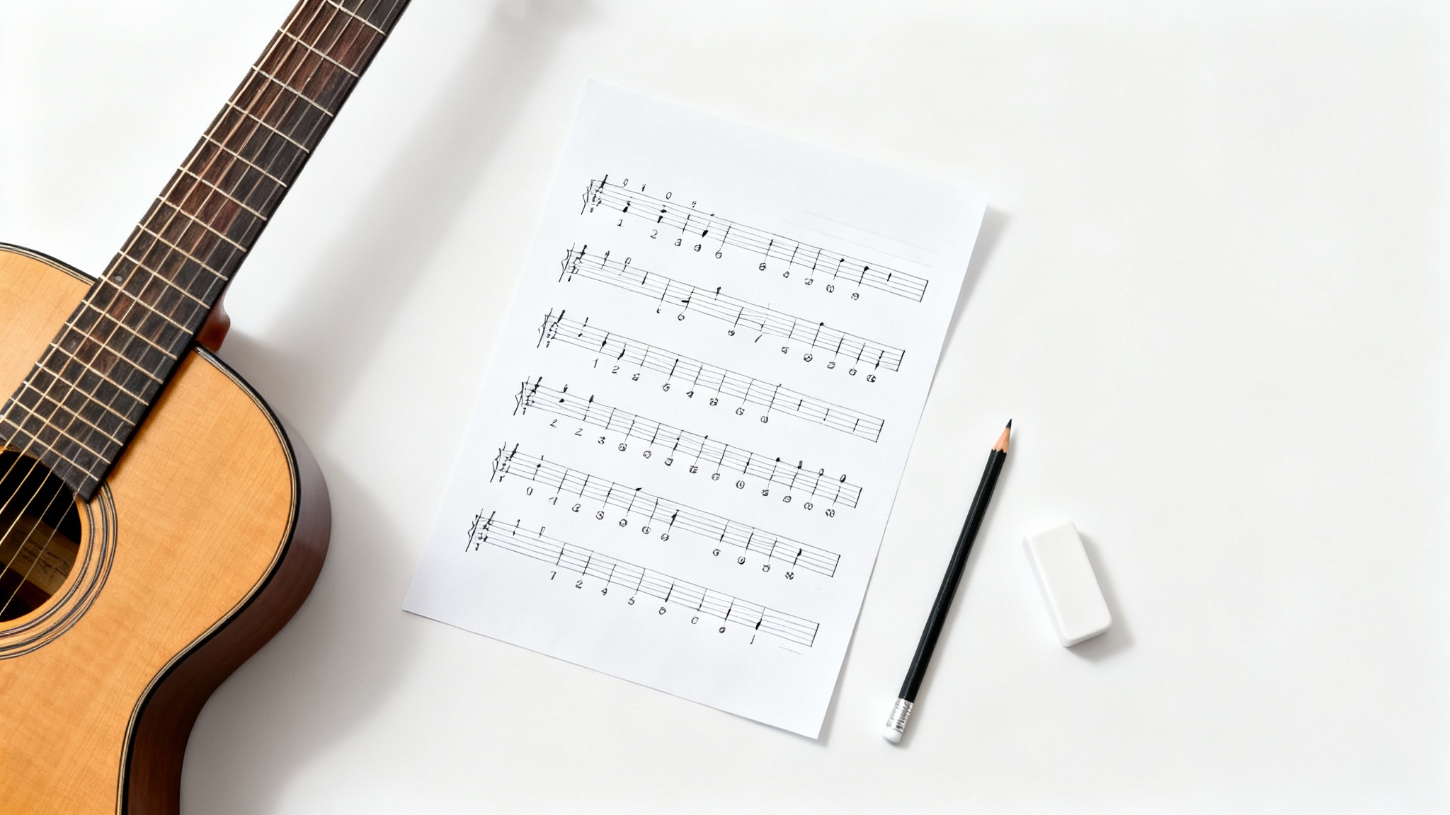 A clean, top-down photo showing an acoustic guitar, a sheet of guitar tablature, and a pencil on a white background, symbolizing music composition and editing.