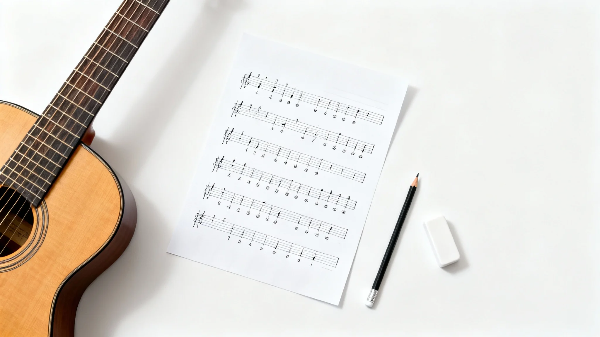 A clean, top-down photo showing an acoustic guitar, a sheet of guitar tablature, and a pencil on a white background, symbolizing music composition and editing.