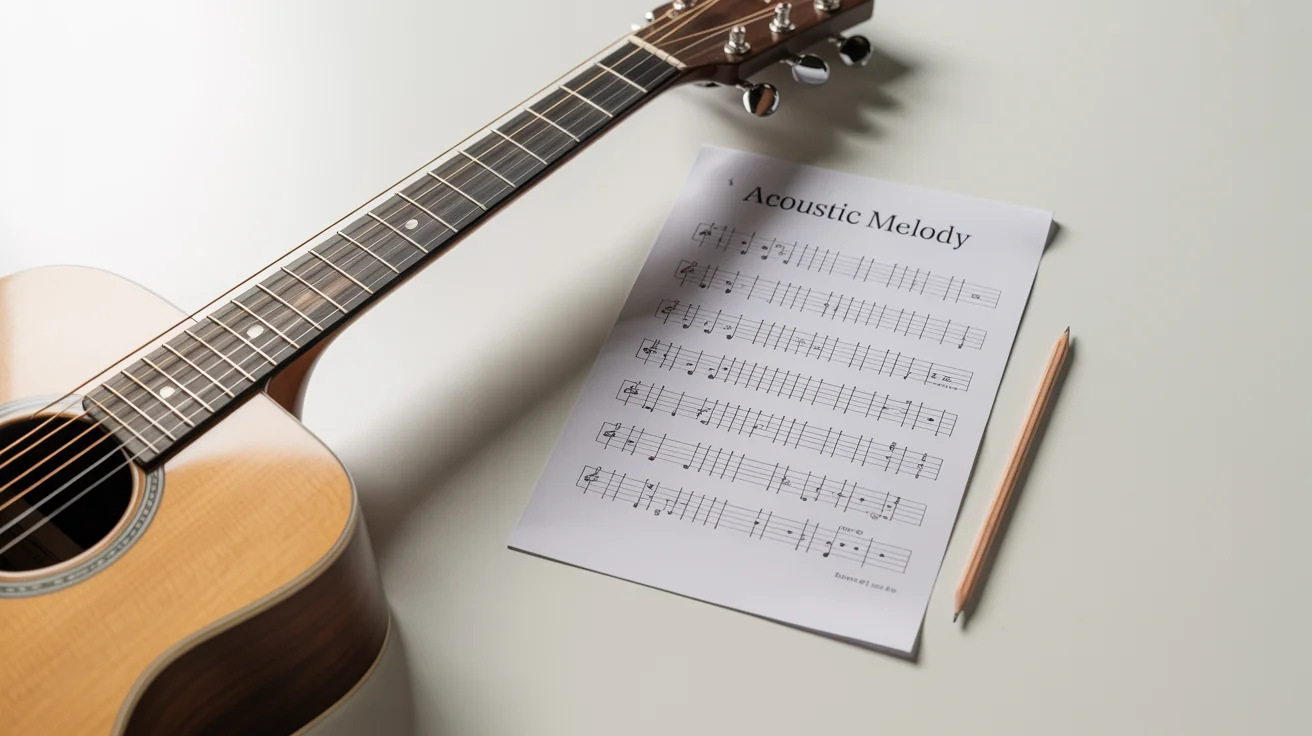 A close-up of an acoustic guitar neck and a sheet of paper with handwritten guitar tablature titled 'Acoustic Melody', on a clean white background.