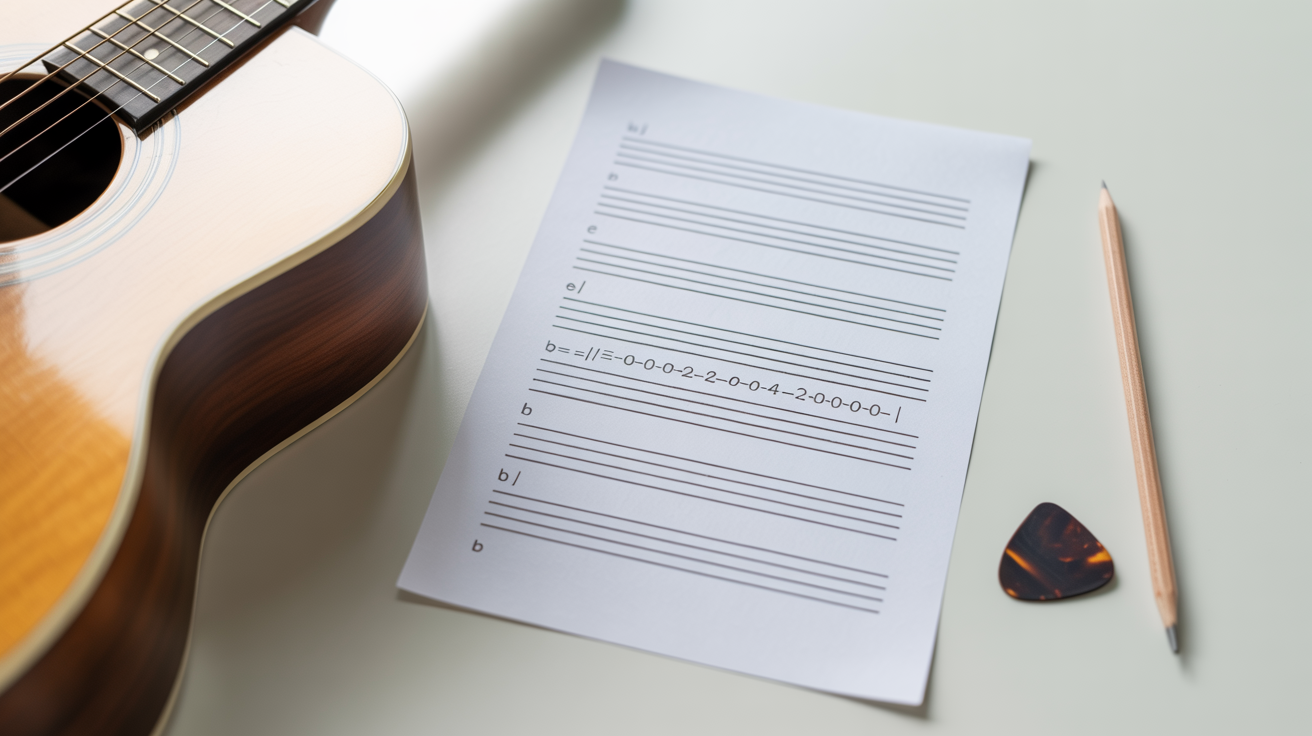 A flat lay image of an acoustic guitar, a pencil, a guitar pick, and a sheet of paper with printed guitar tablature on a clean white background, symbolizing music composition.