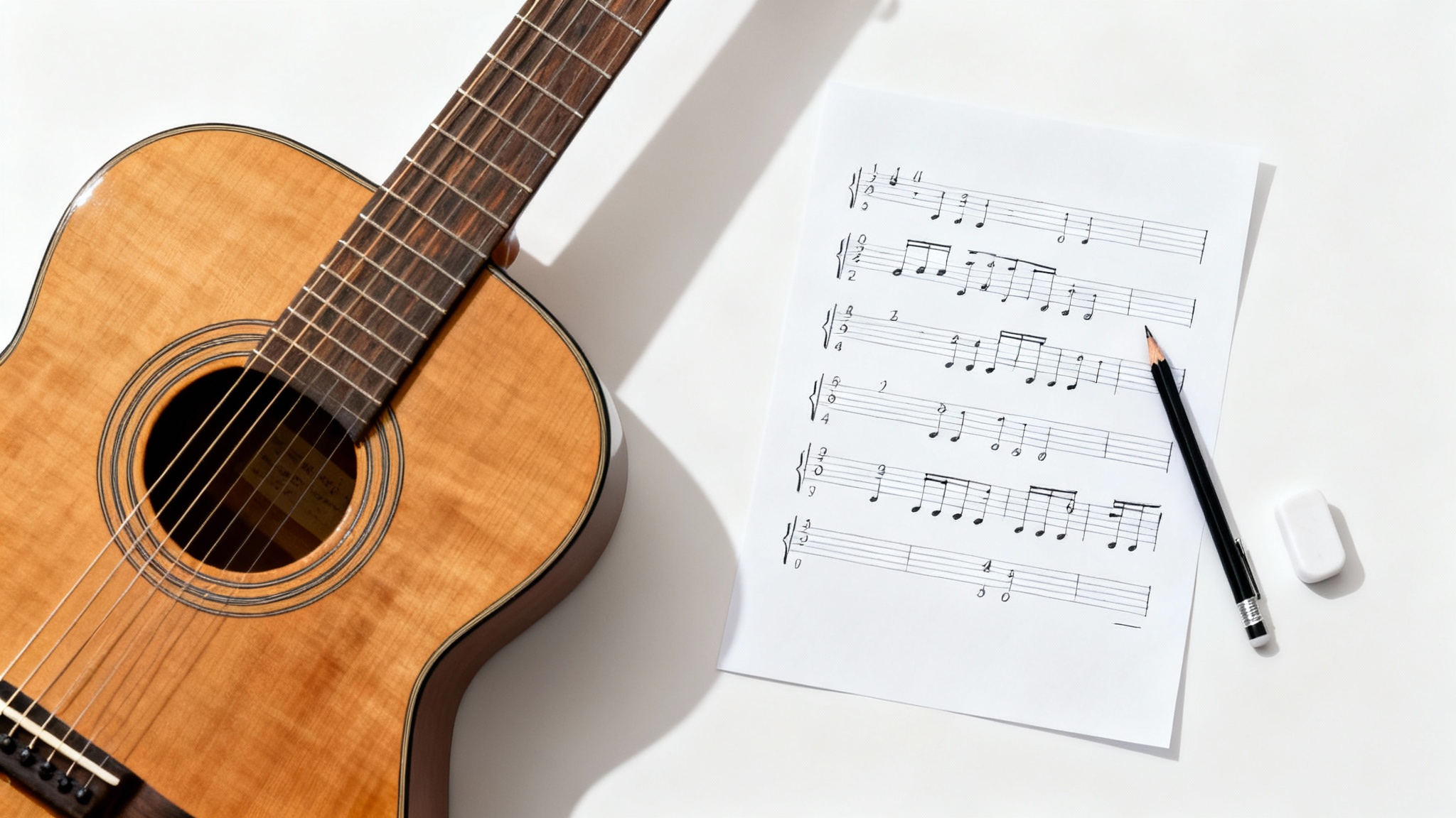 A top-down view of an acoustic guitar, a pencil, and a sheet of paper with guitar tablature written on it, all set against a clean white background, symbolizing music composition and editing.