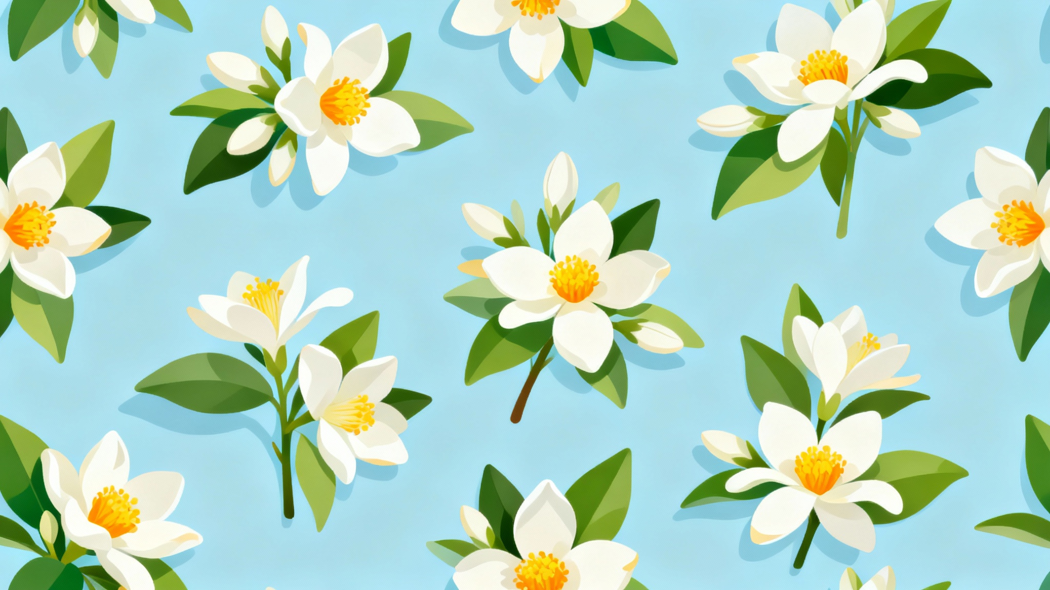 A top-down view of a seamless pattern featuring delicate white orange blossoms and green leaves on a pastel blue background, representing a finished design template.