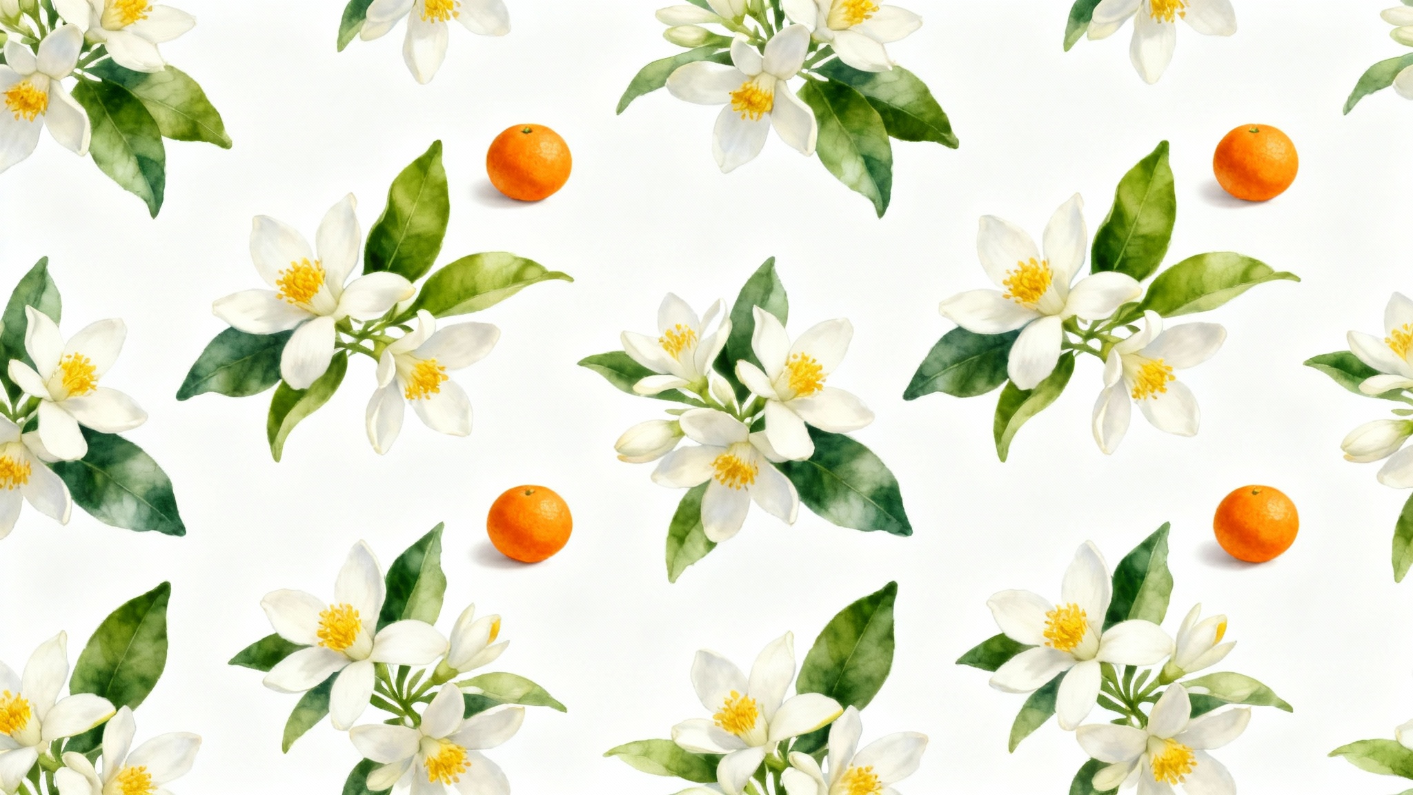 A vibrant and seamless pattern of orange blossoms, featuring detailed illustrations of white flowers, green leaves, and small oranges set against a clean white background.