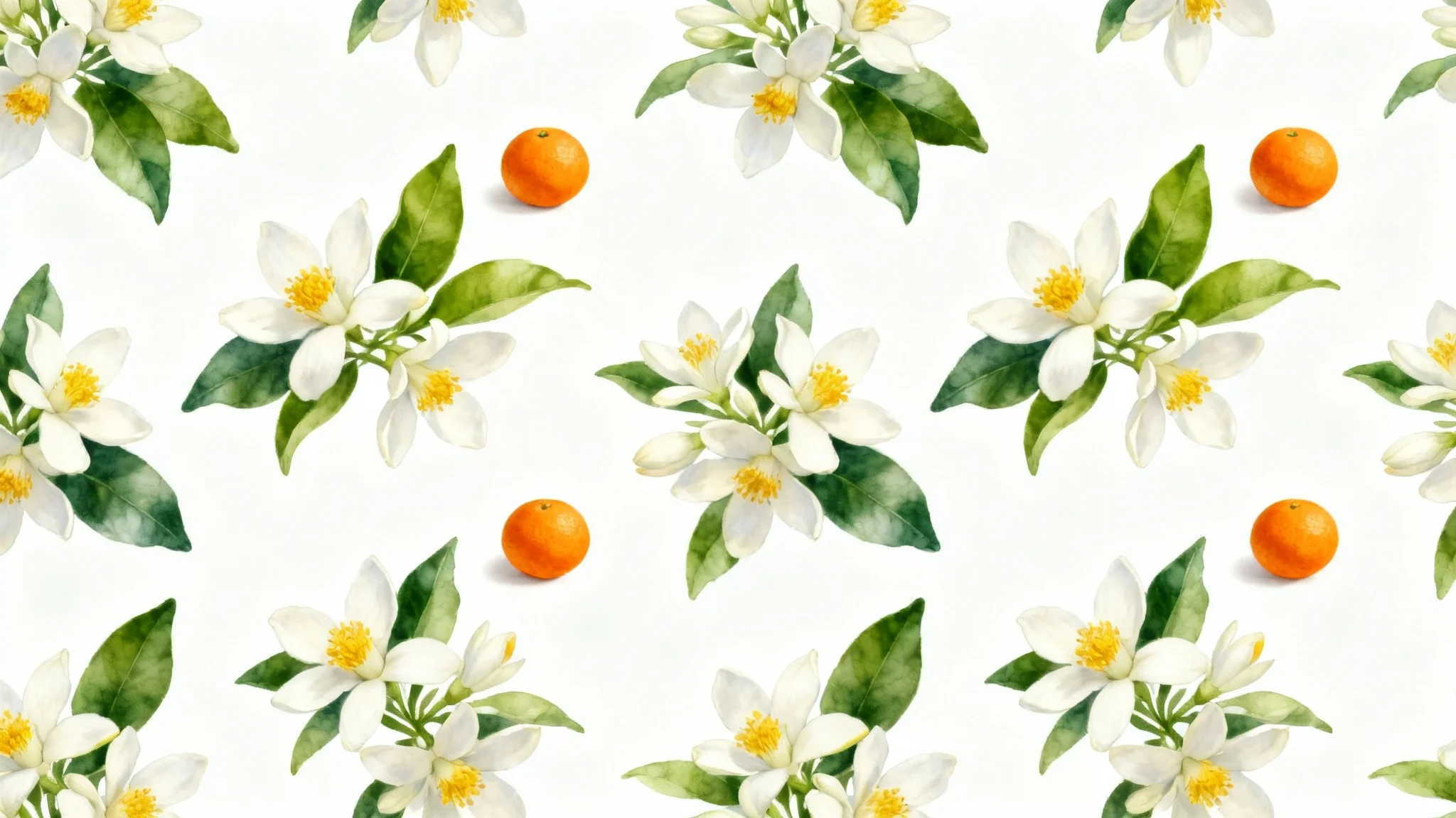 A vibrant and seamless pattern of orange blossoms, featuring detailed illustrations of white flowers, green leaves, and small oranges set against a clean white background.