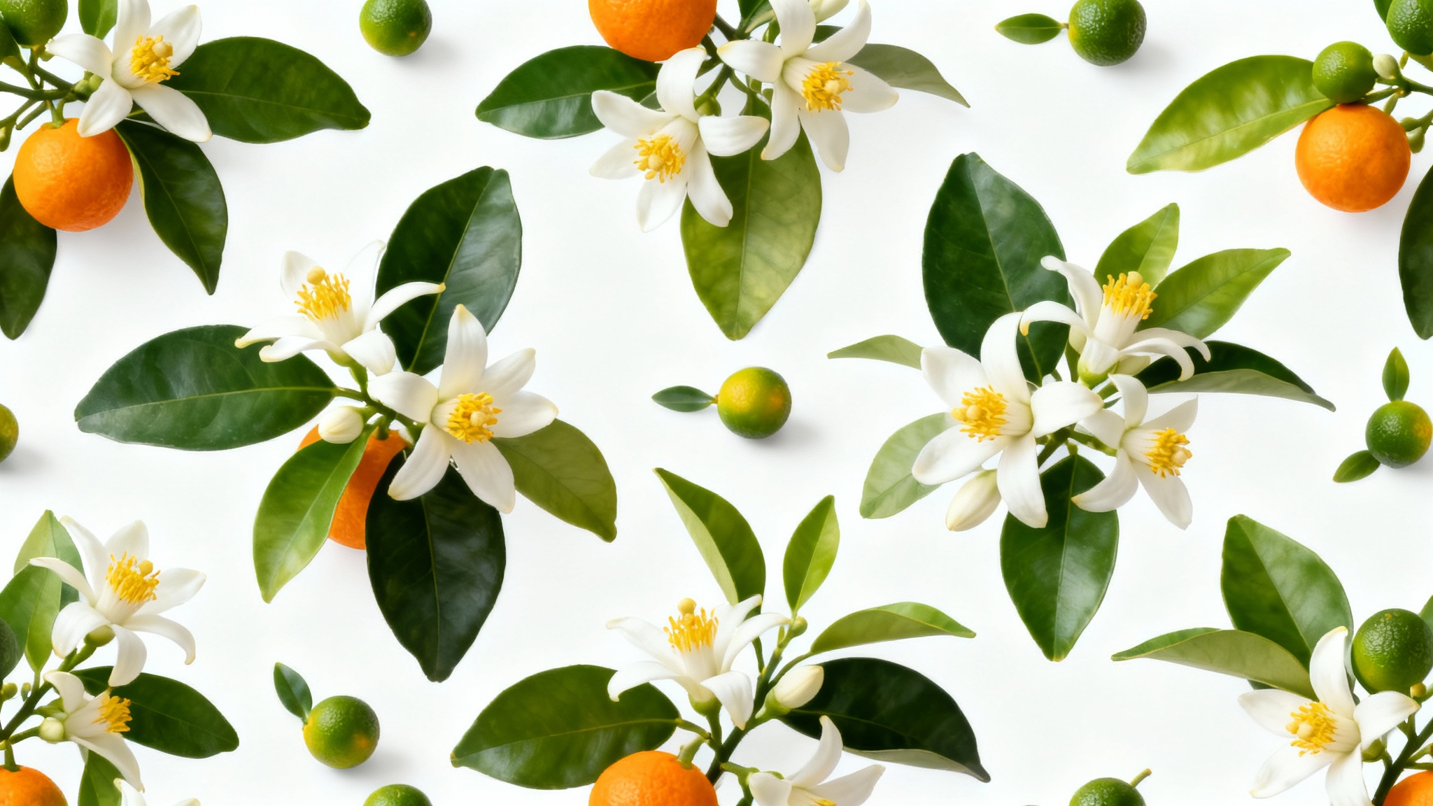 A beautiful seamless pattern of detailed orange blossoms, green leaves, and small oranges arranged elegantly on a crisp white background.