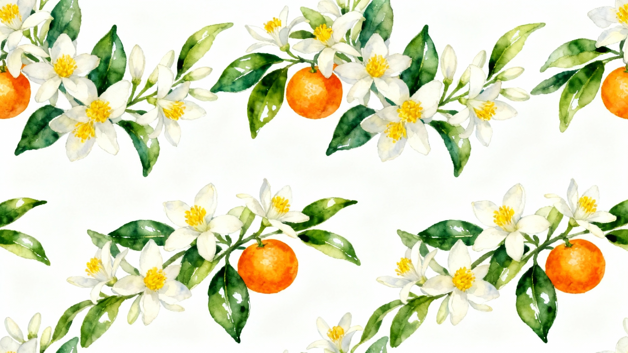 A seamless pattern featuring detailed illustrations of white orange blossoms, green leaves, and small oranges, displayed on a clean white background.
