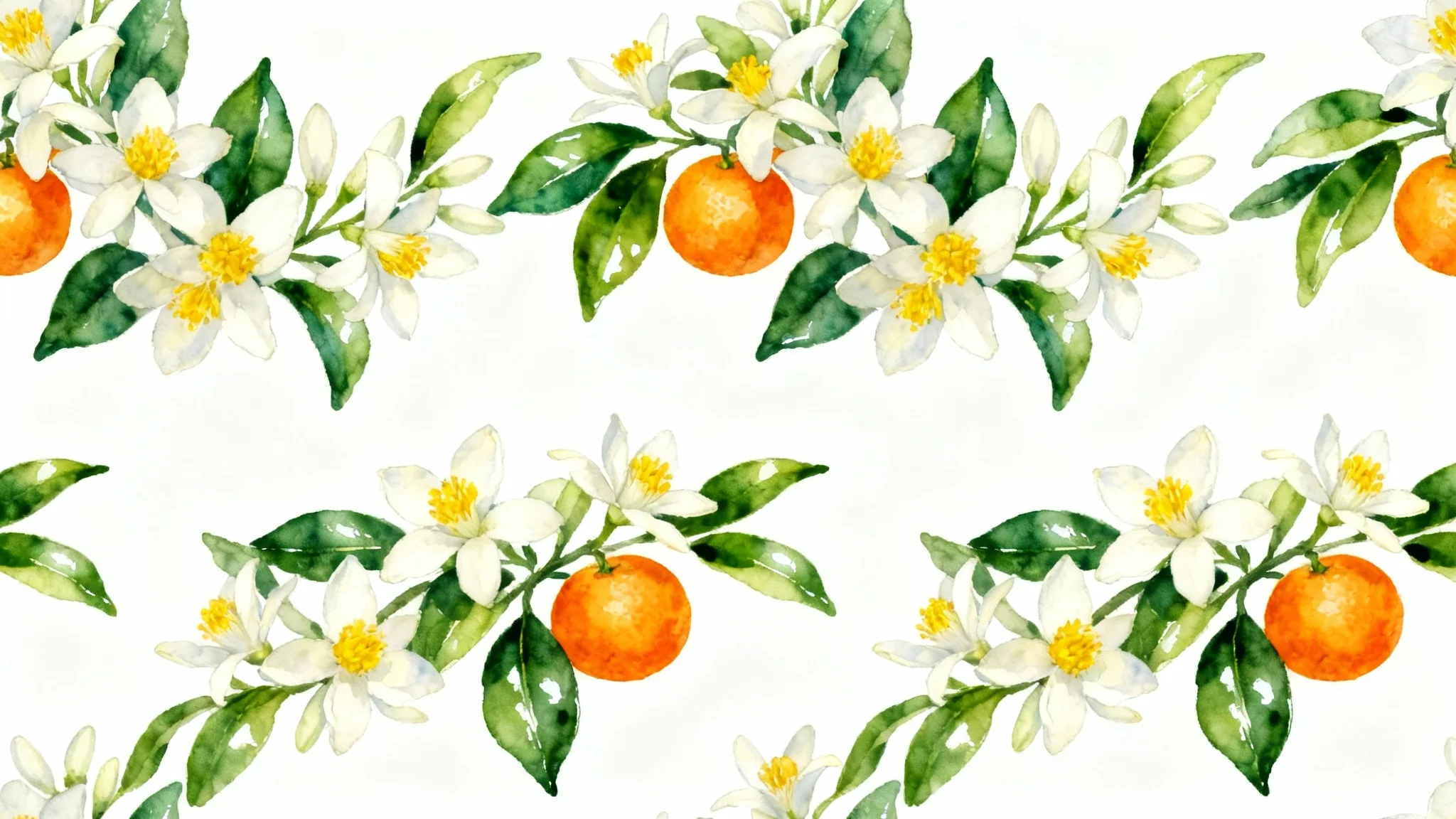 A seamless pattern featuring detailed illustrations of white orange blossoms, green leaves, and small oranges, displayed on a clean white background.