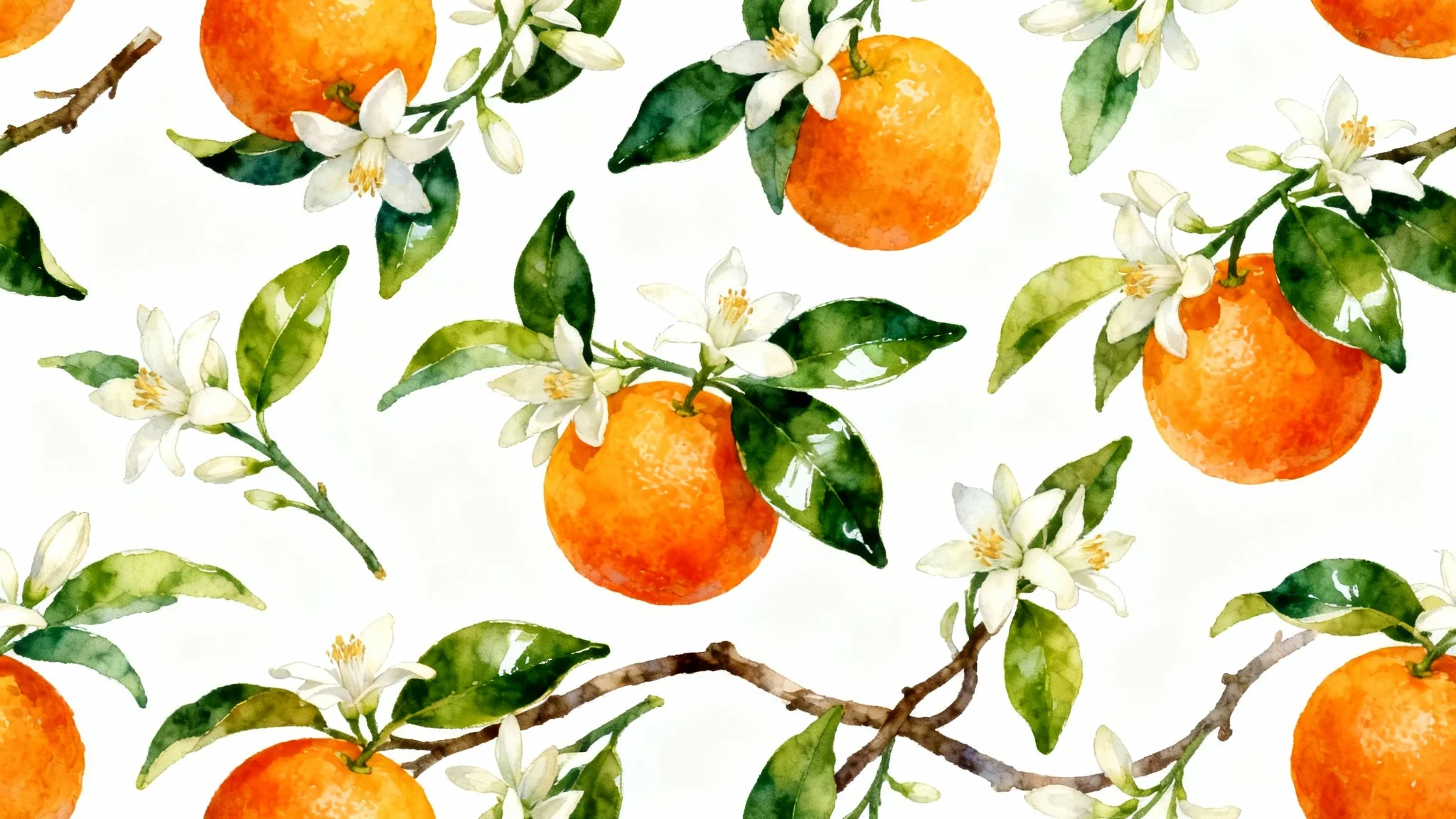 A vibrant and seamless pattern featuring watercolor illustrations of ripe oranges, white orange blossoms, and green leaves set against a clean white background.