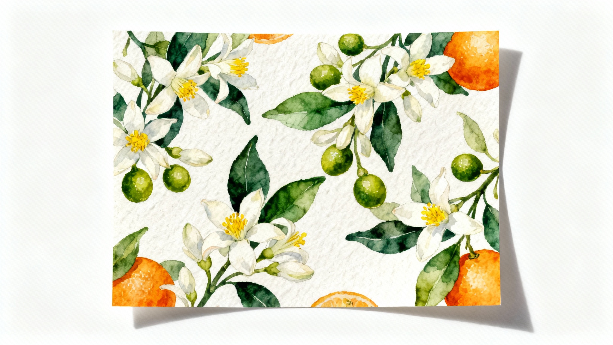 A mockup of a seamless pattern featuring watercolor orange blossoms, green leaves, and small oranges on a piece of textured paper against a clean white background.