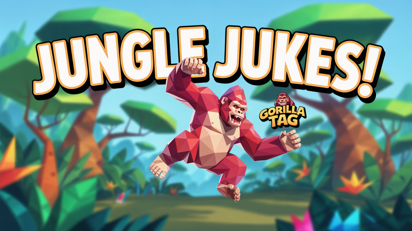 A finished YouTube thumbnail for the game Gorilla Tag, featuring a red gorilla character in a vibrant jungle background with the text 'JUNGLE JUKES!' at the top.