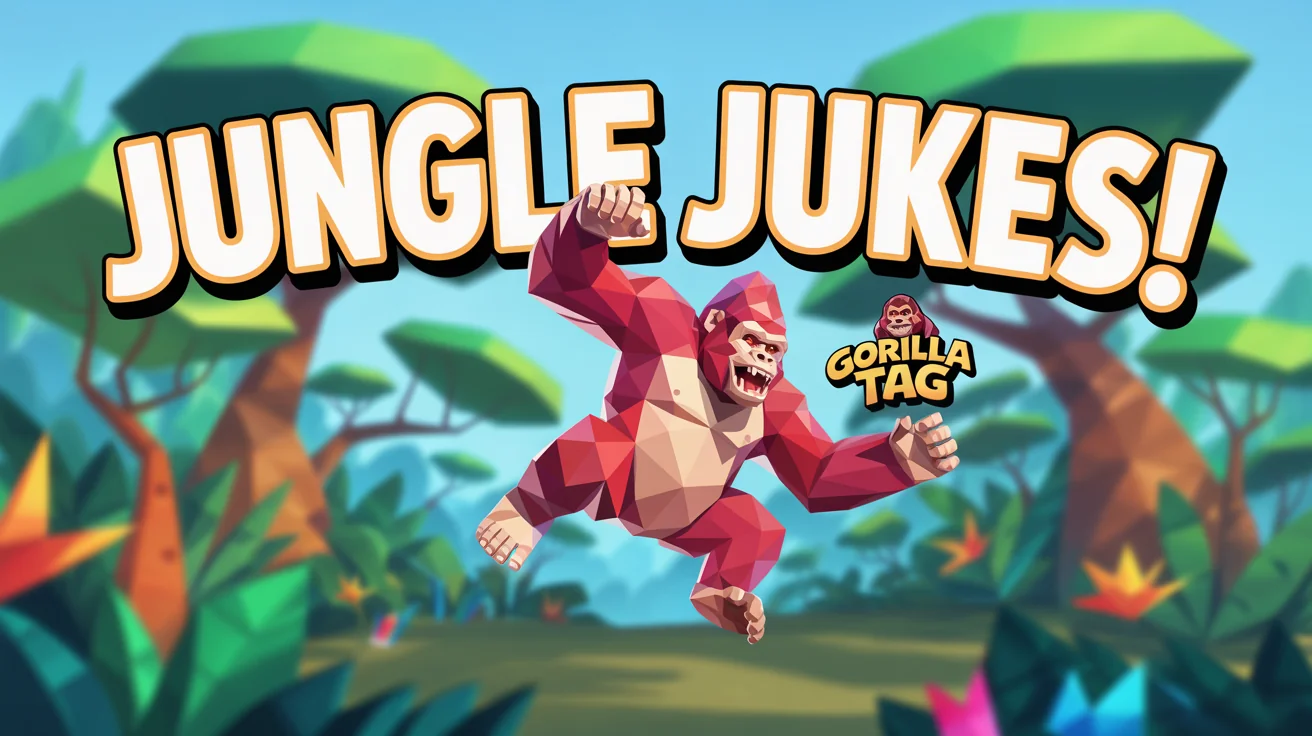 A finished YouTube thumbnail for the game Gorilla Tag, featuring a red gorilla character in a vibrant jungle background with the text 'JUNGLE JUKES!' at the top.