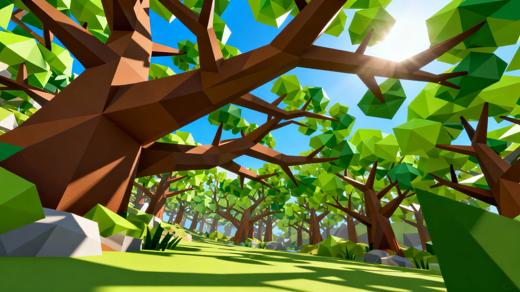 A vibrant, low-poly 3D render of a cartoon forest, inspired by the game Gorilla Tag. The scene shows tall, geometric trees with thick branches under a bright blue sky, designed as a gaming thumbnail background.