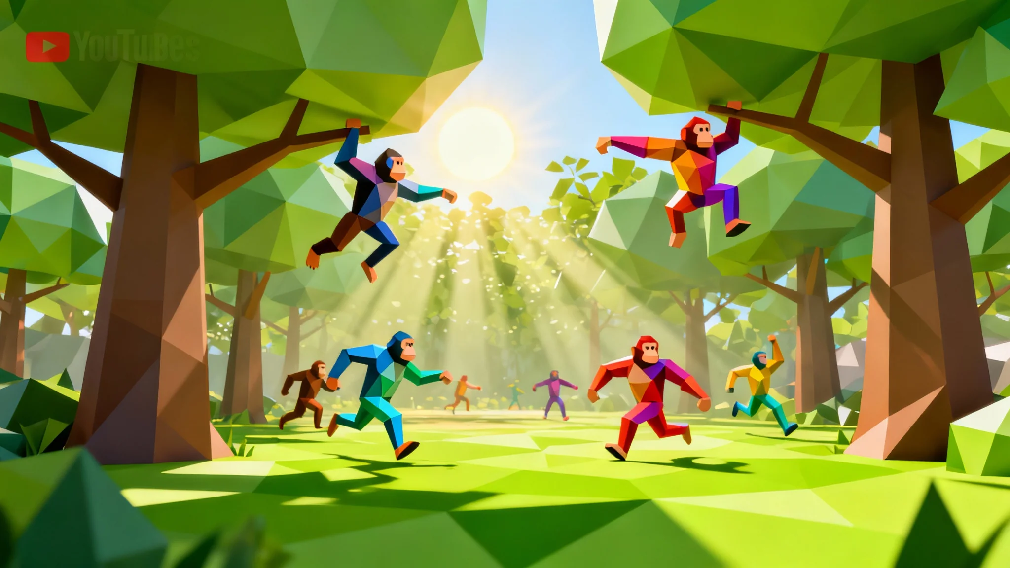 A low-poly 3D forest scene, designed as a background for a Gorilla Tag YouTube thumbnail, featuring colorful gorilla avatars swinging from trees under a bright sun.