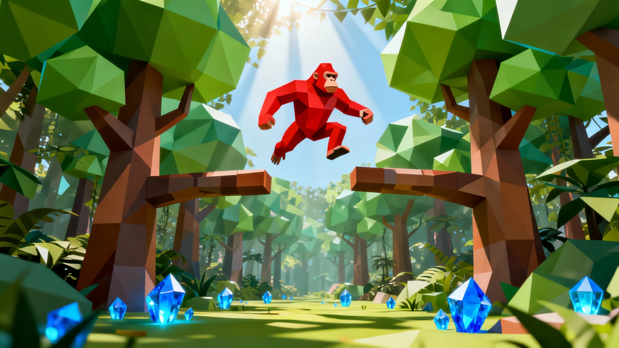 A low-poly, cartoon-style jungle scene with a red, armless gorilla leaping between tree branches, rendered in a vibrant and geometric video game art style.