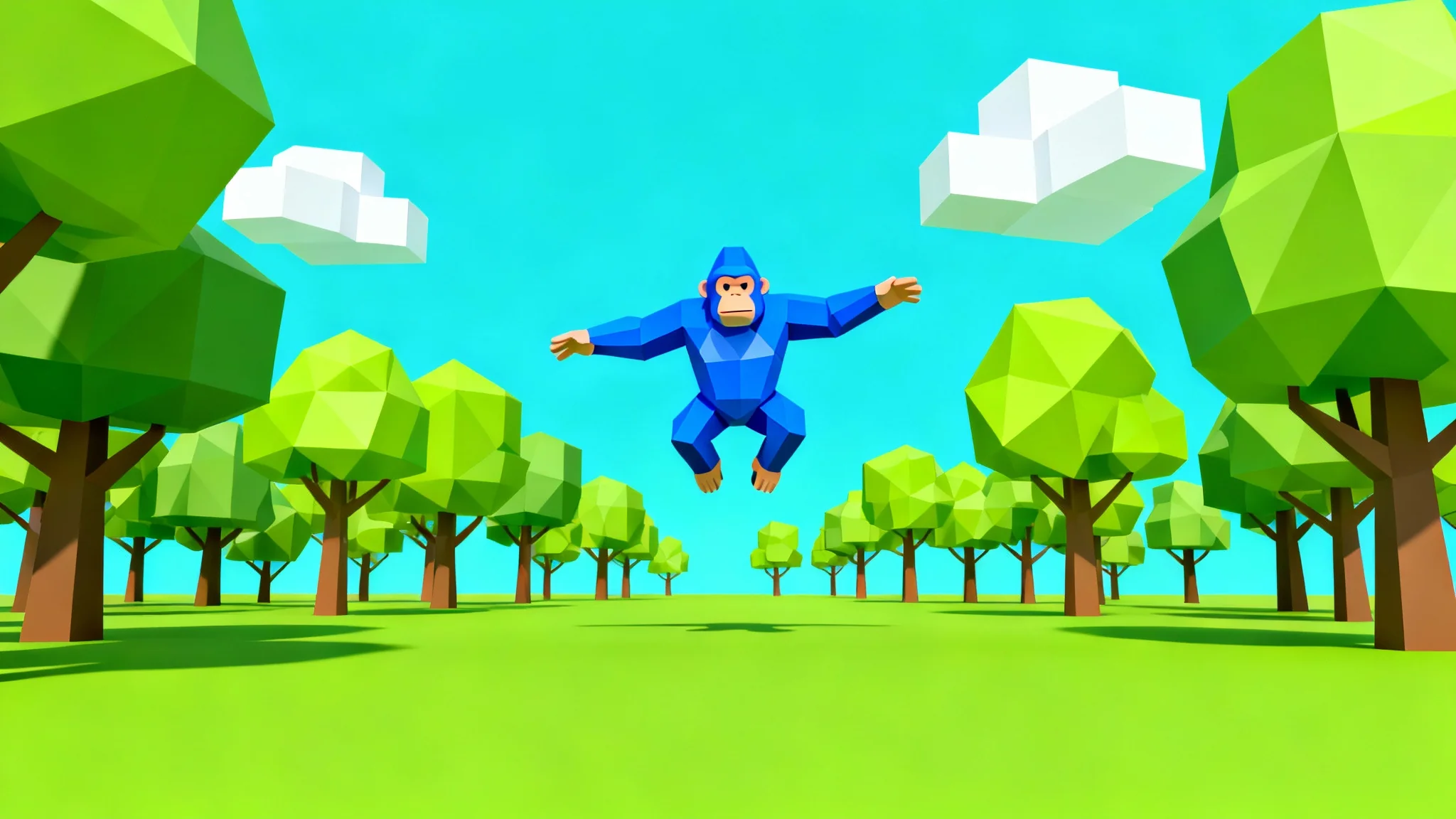 A vibrant, low-poly 3D render of a blue cartoon gorilla mid-jump in a blocky, minimalist forest. The scene is brightly lit and colorful, designed to be used as a gaming thumbnail background.