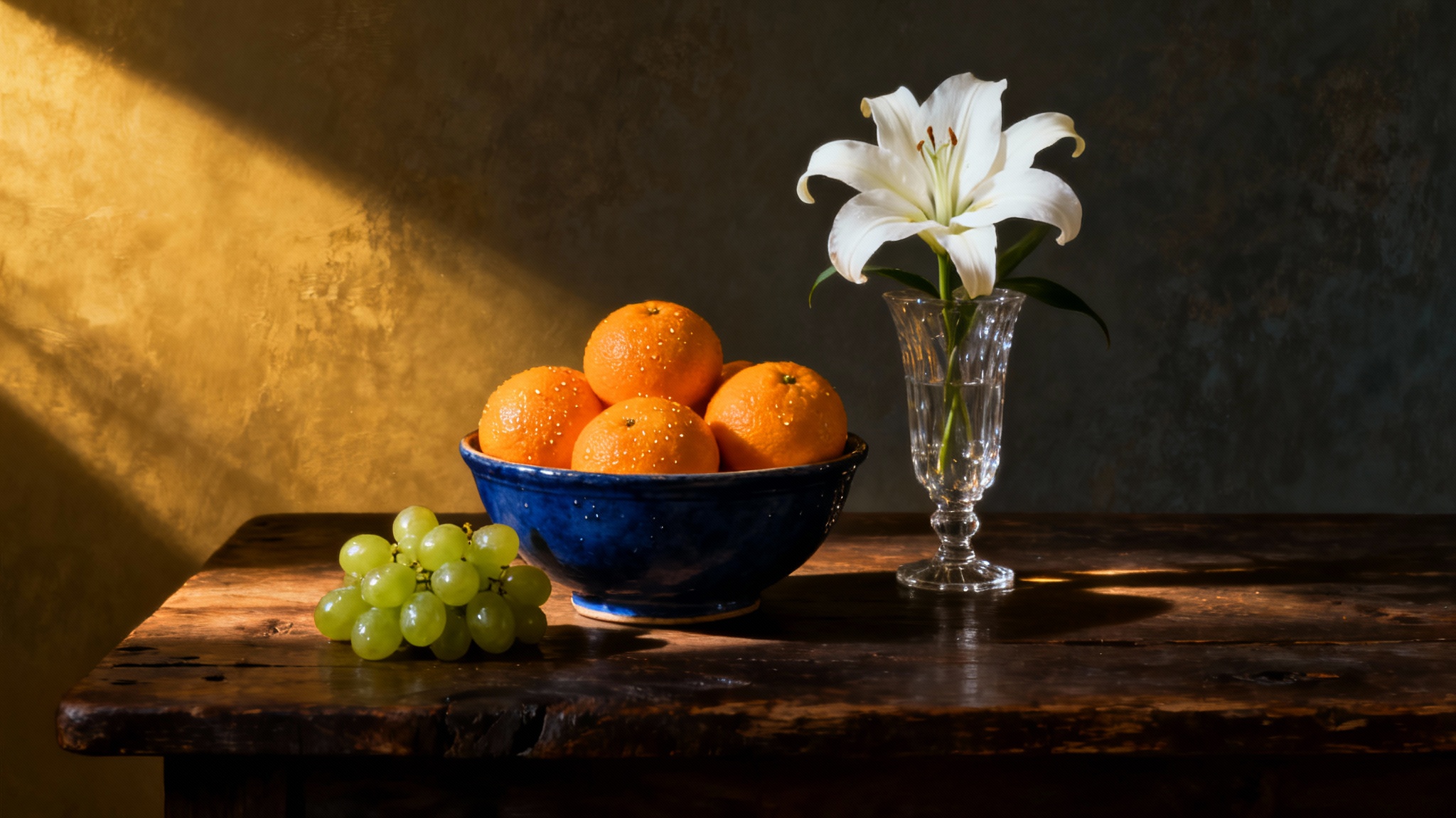 A dramatic, painterly still life photo showing a bowl of oranges, green grapes, and a white lily in a vase on a wooden table, illuminated by a single warm light source that creates deep shadows.