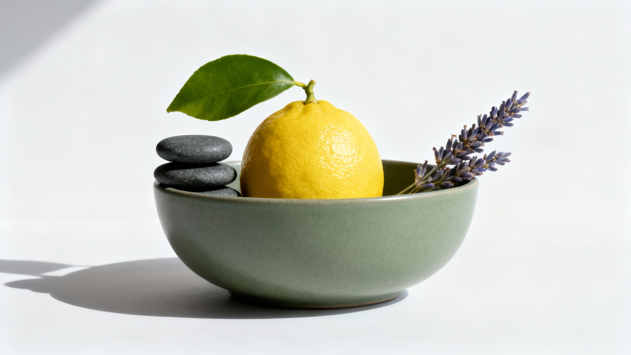 A minimalist still life photograph of a sage green ceramic bowl containing a lemon, stacked grey stones, and a sprig of lavender, set against a clean white background with soft side lighting.