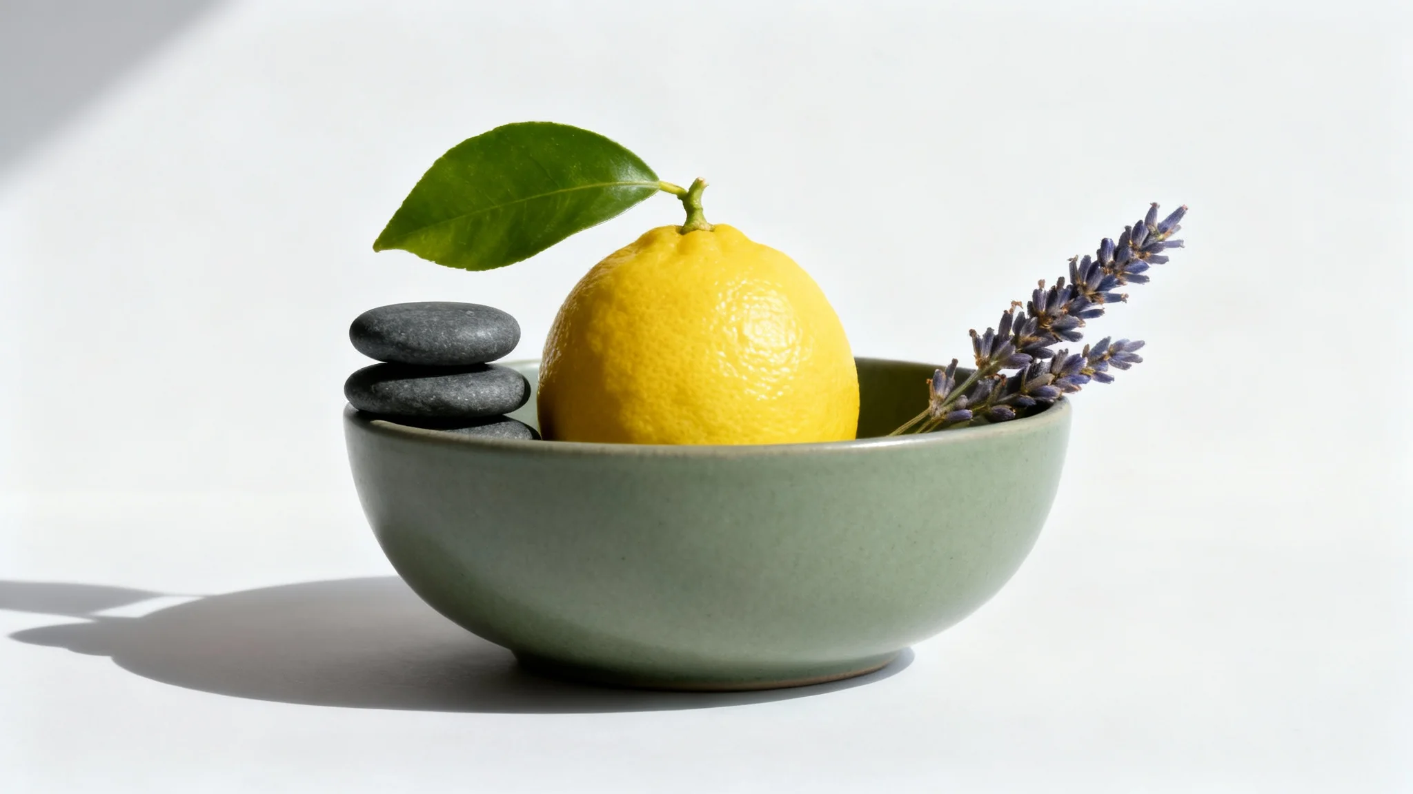 A minimalist still life photograph of a sage green ceramic bowl containing a lemon, stacked grey stones, and a sprig of lavender, set against a clean white background with soft side lighting.
