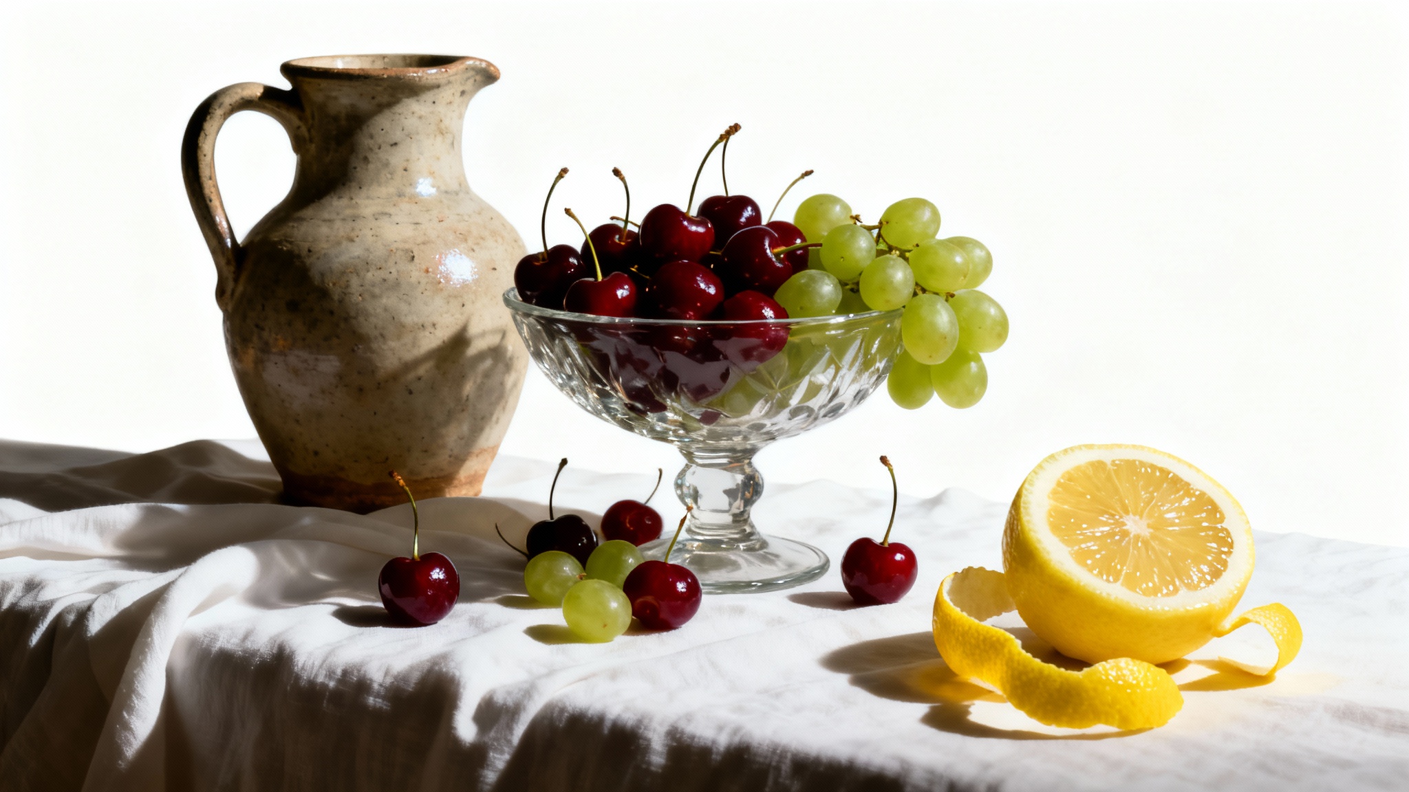 A classical still life painting of a bowl of cherries, a ceramic pitcher, and a peeled lemon, all set on a draped cloth against a plain white background.