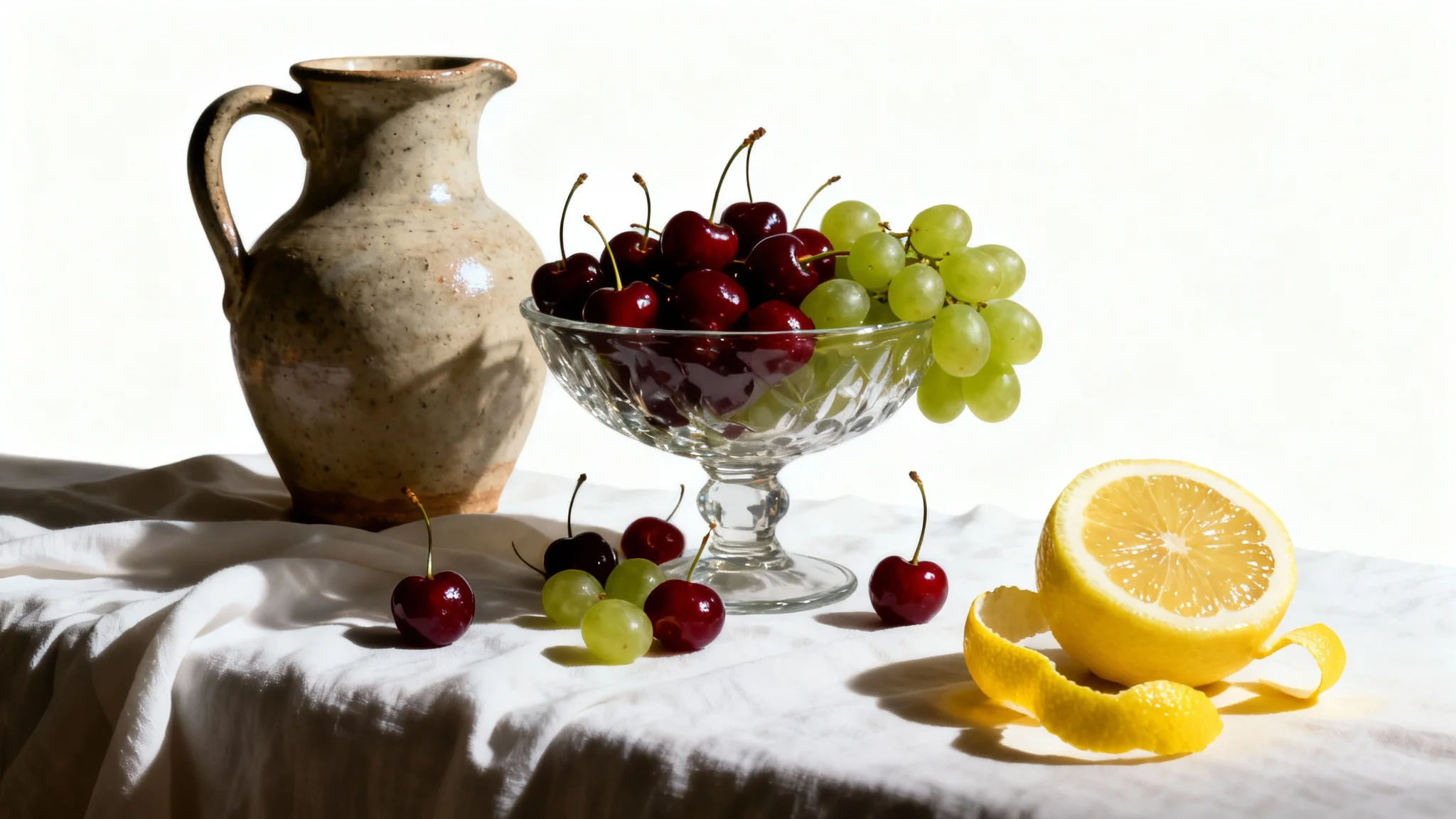 A classical still life painting of a bowl of cherries, a ceramic pitcher, and a peeled lemon, all set on a draped cloth against a plain white background.