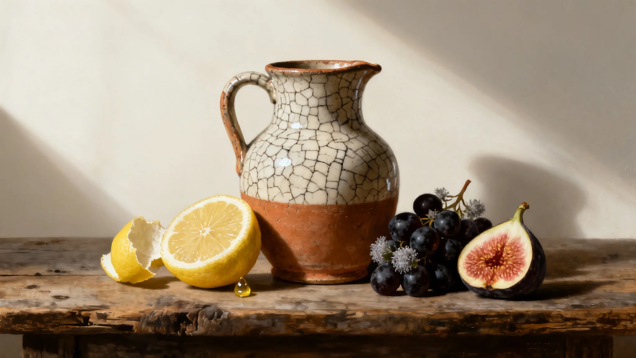 A hyperrealistic still life image of an earthenware pitcher, a peeled lemon, and grapes on a wooden surface against a clean white background, in the style of a classical painting.
