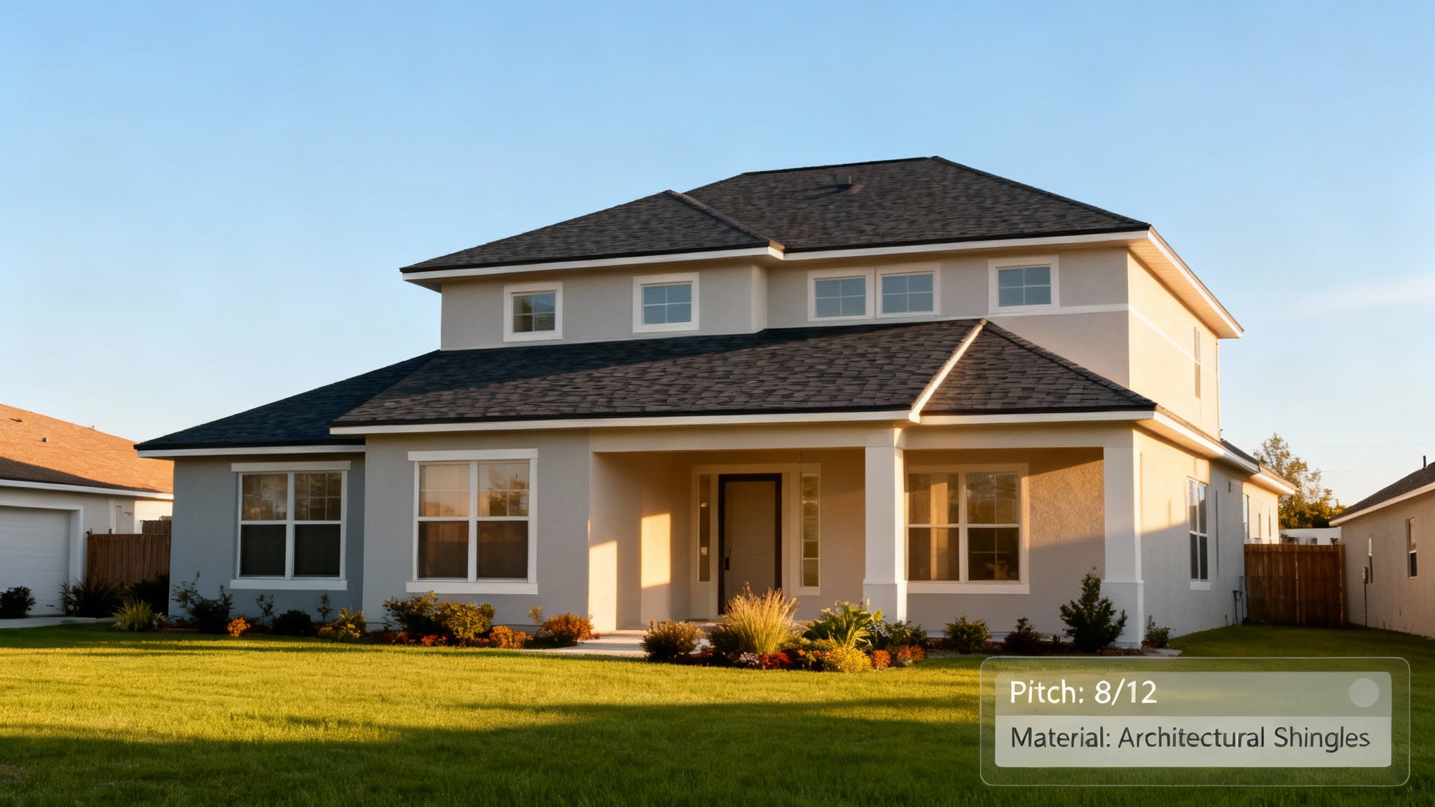 A photorealistic rendering of a modern suburban home, generated by a roof pitch visualizer, showcasing an 8/12 pitch roof with dark shingles. A small user interface element in the corner displays the selected options.