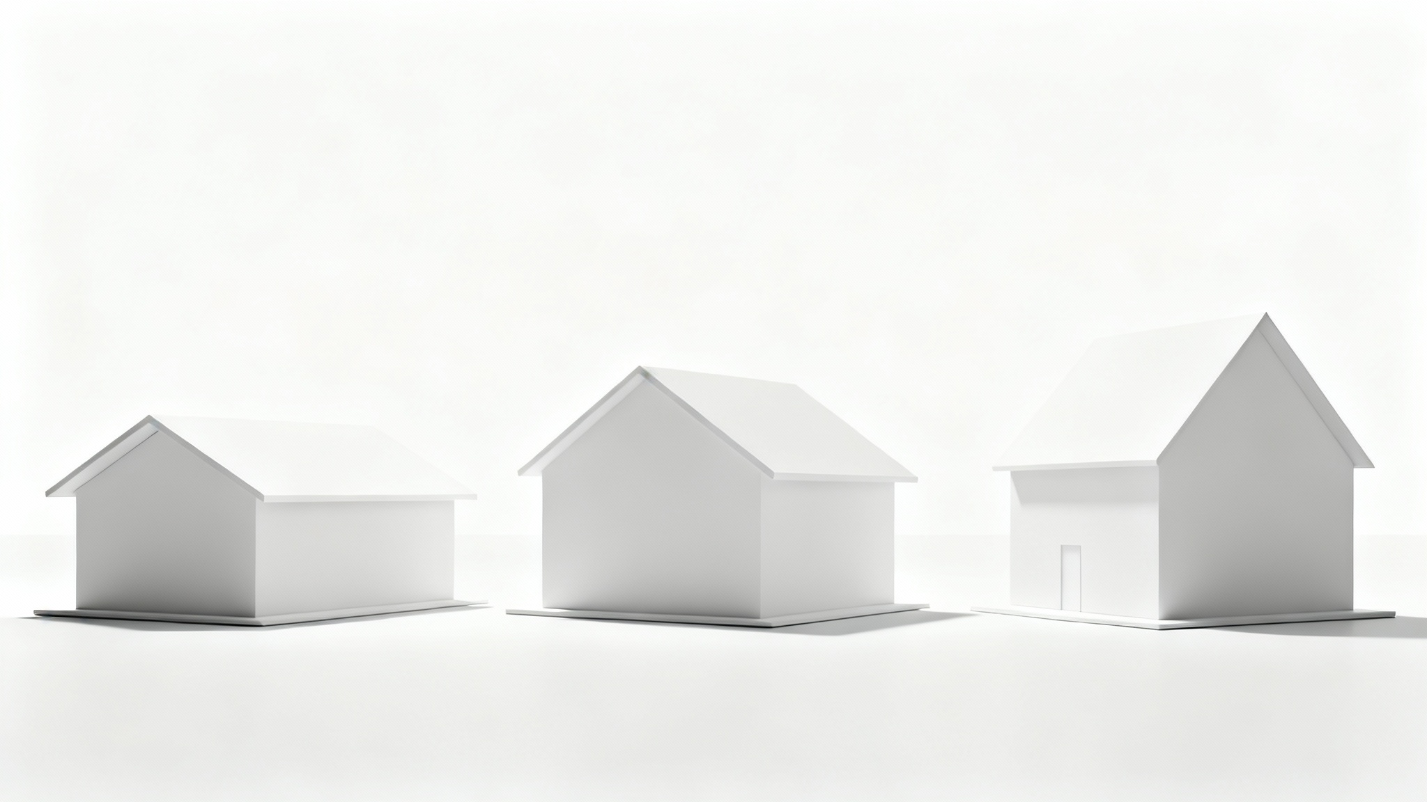 A lineup of three identical white architectural house models, each with a visibly different roof pitch, shown against a plain white background.