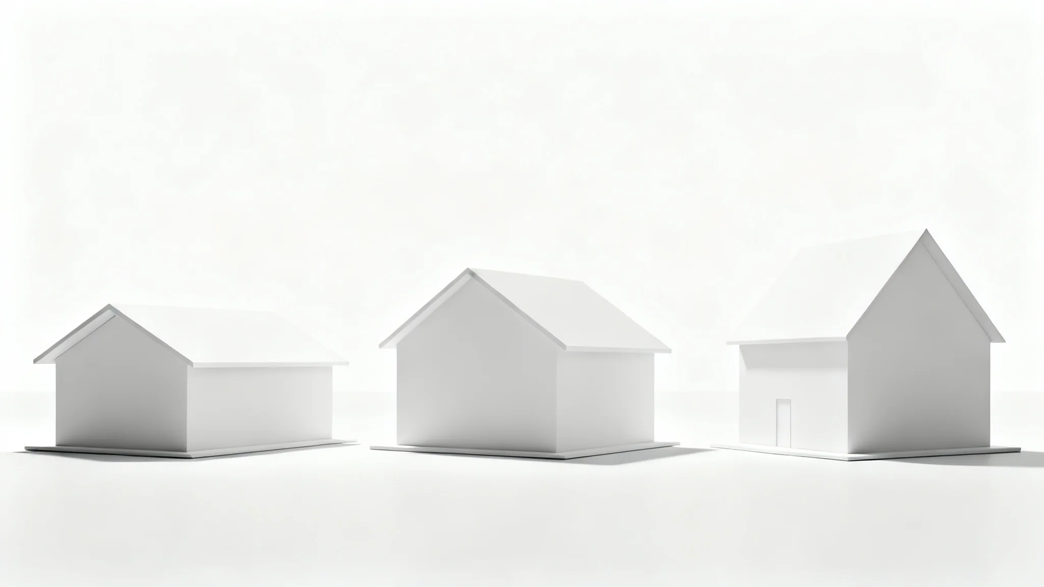 A lineup of three identical white architectural house models, each with a visibly different roof pitch, shown against a plain white background.