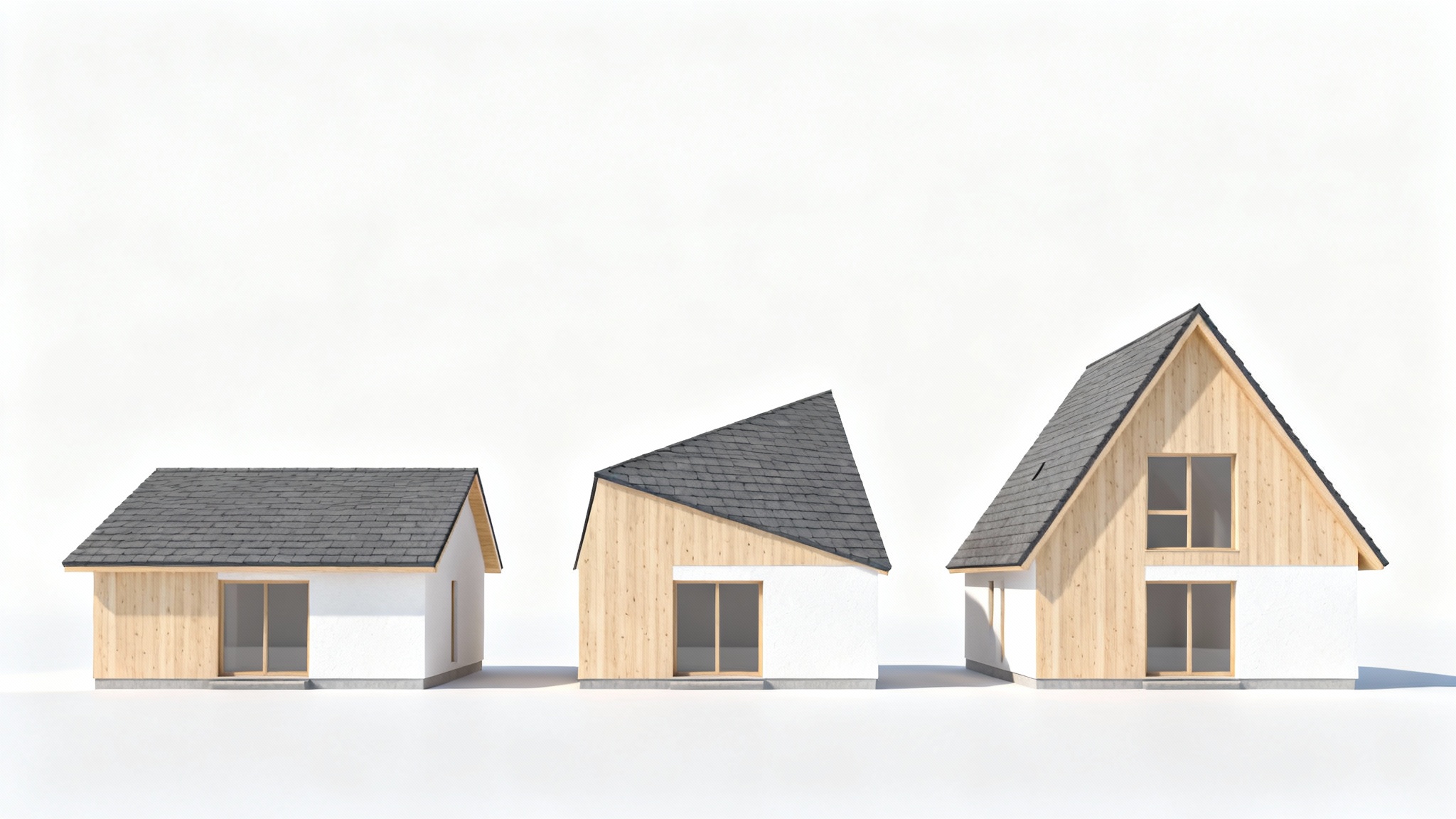 A photorealistic mockup showing a side-by-side comparison of three modern houses, each with a different roof pitch, on a clean white background.