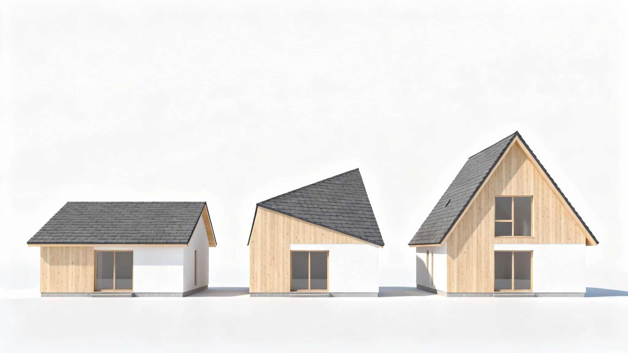 A photorealistic mockup showing a side-by-side comparison of three modern houses, each with a different roof pitch, on a clean white background.