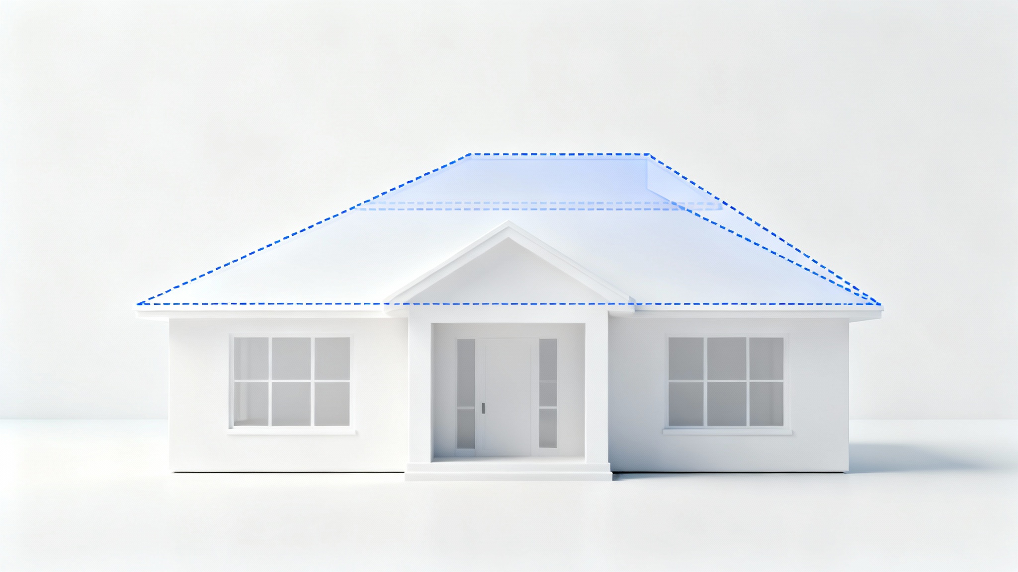An architectural rendering of a modern house on a white background, with three glowing blue outlines showing different possible roof pitches, from low-slope to steep.