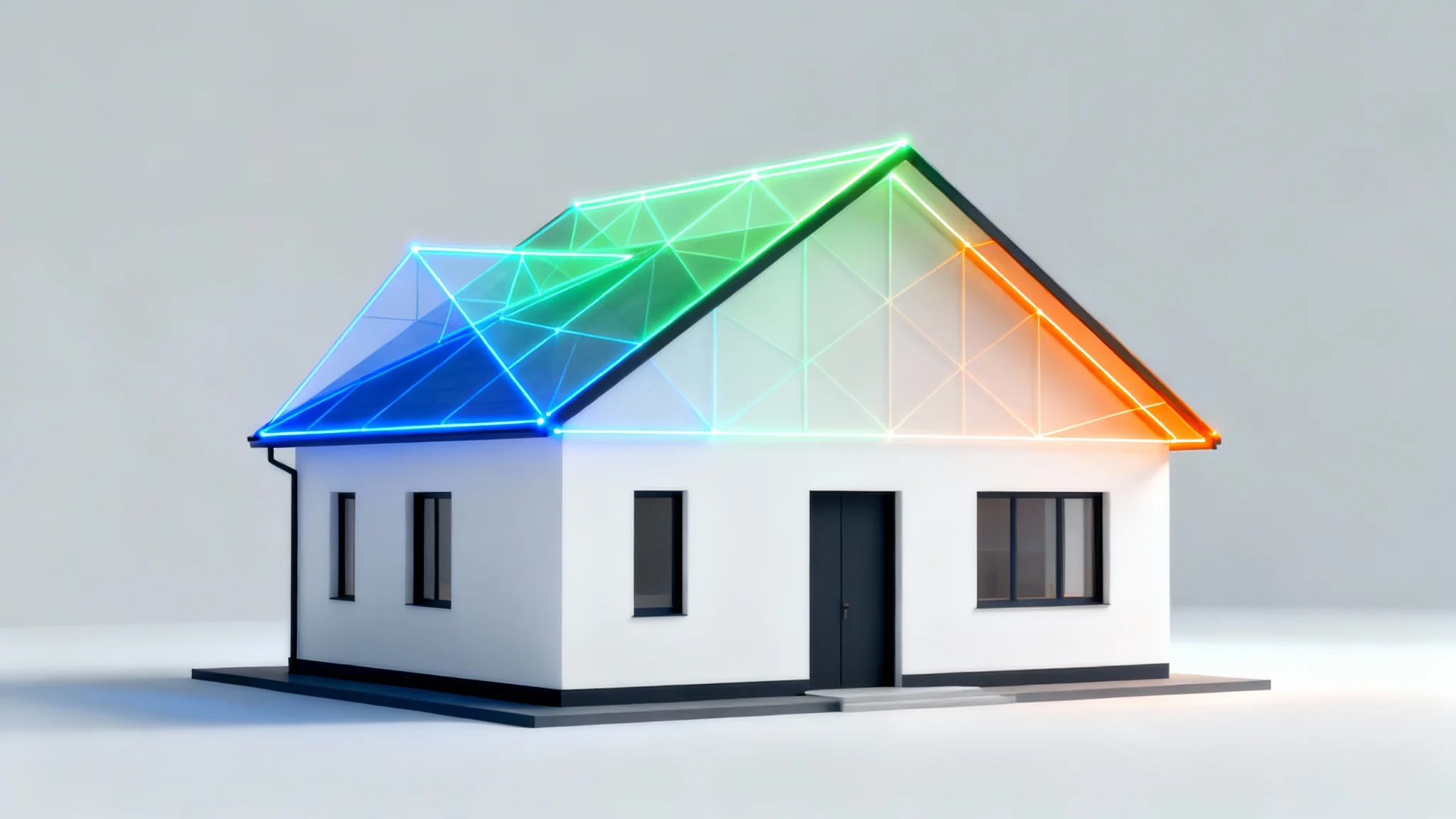 A modern minimalist house with several colorful, glowing overlays indicating different possible roof pitches, illustrating a roof pitch visualization tool.