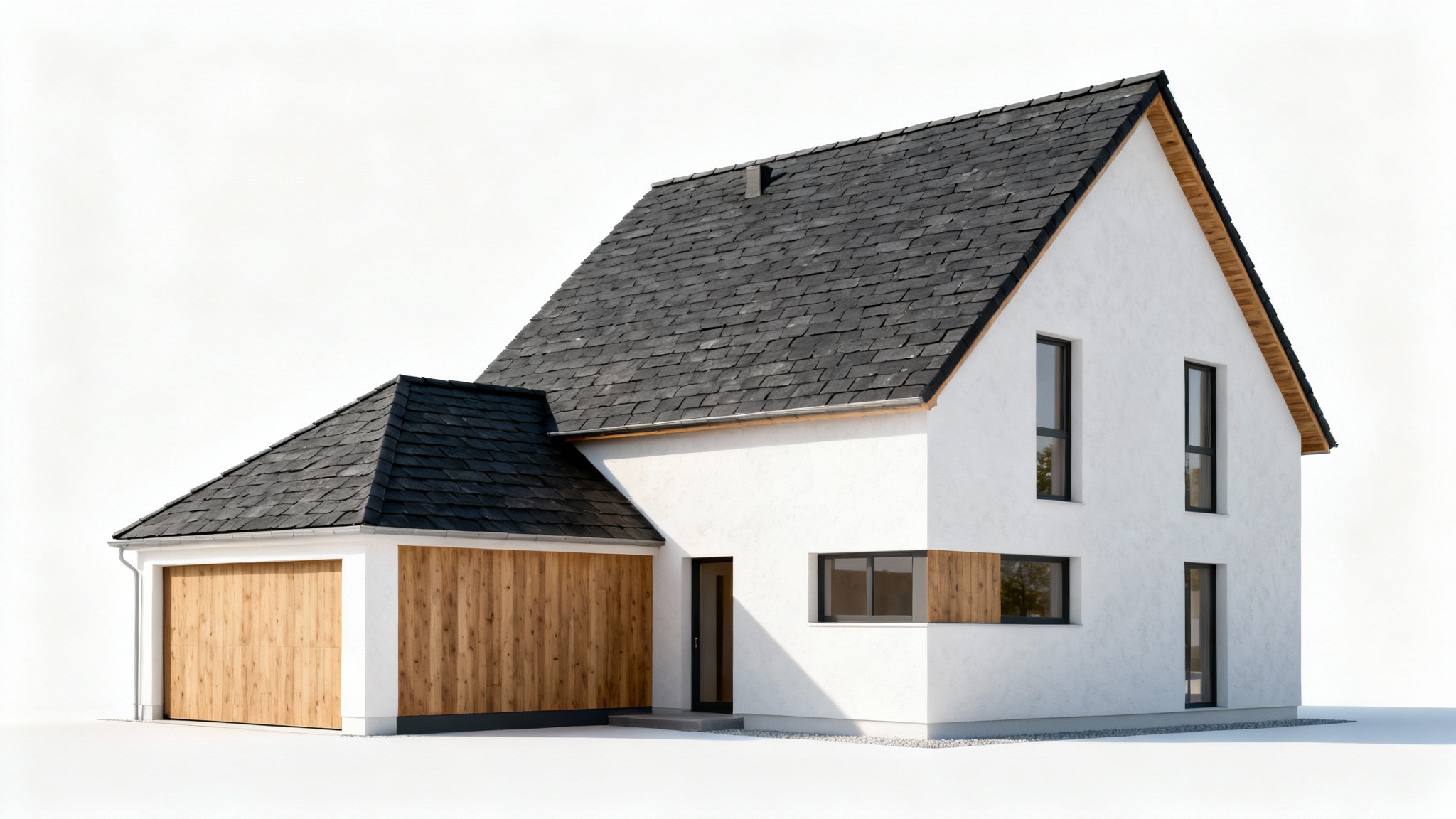 A photorealistic mockup of a modern house with two different roof pitches, a steep one and a shallower one, shown on a plain white background to demonstrate a roof pitch visualizer.