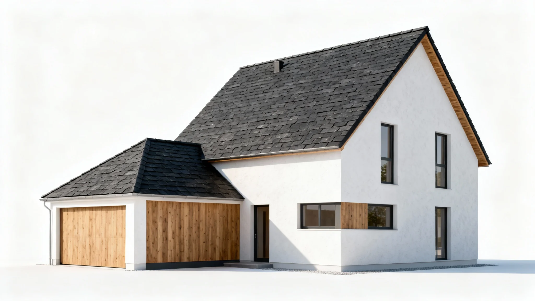 A photorealistic mockup of a modern house with two different roof pitches, a steep one and a shallower one, shown on a plain white background to demonstrate a roof pitch visualizer.