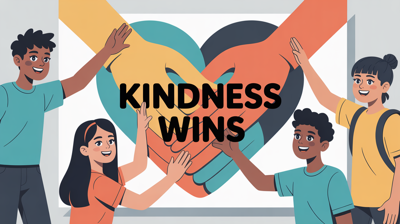 A professionally designed anti-bullying poster with a modern illustration of diverse students being kind to one another. The poster features the text 'Kindness Wins' in a bold, clean font.