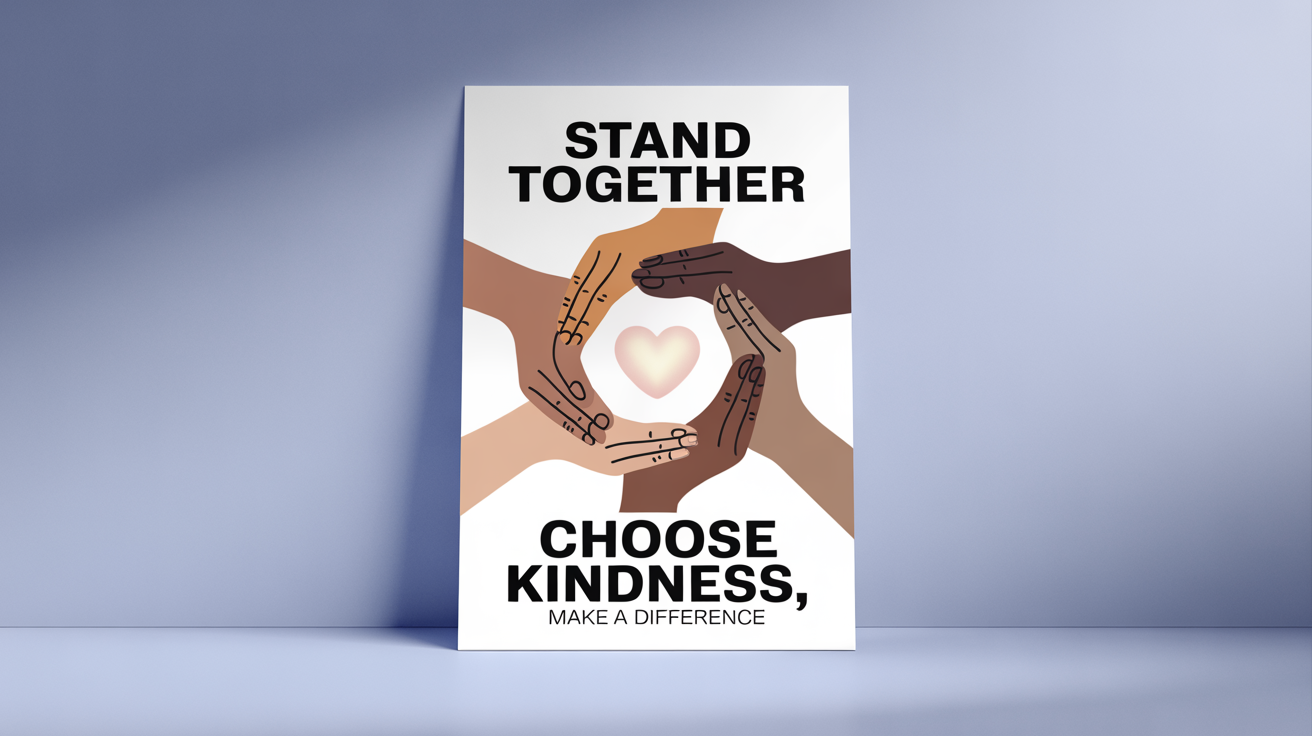 An anti-bullying poster mockup showing diverse hands in a circle with a heart inside. The poster has text that reads 'Stand Together' and 'Choose Kindness'.